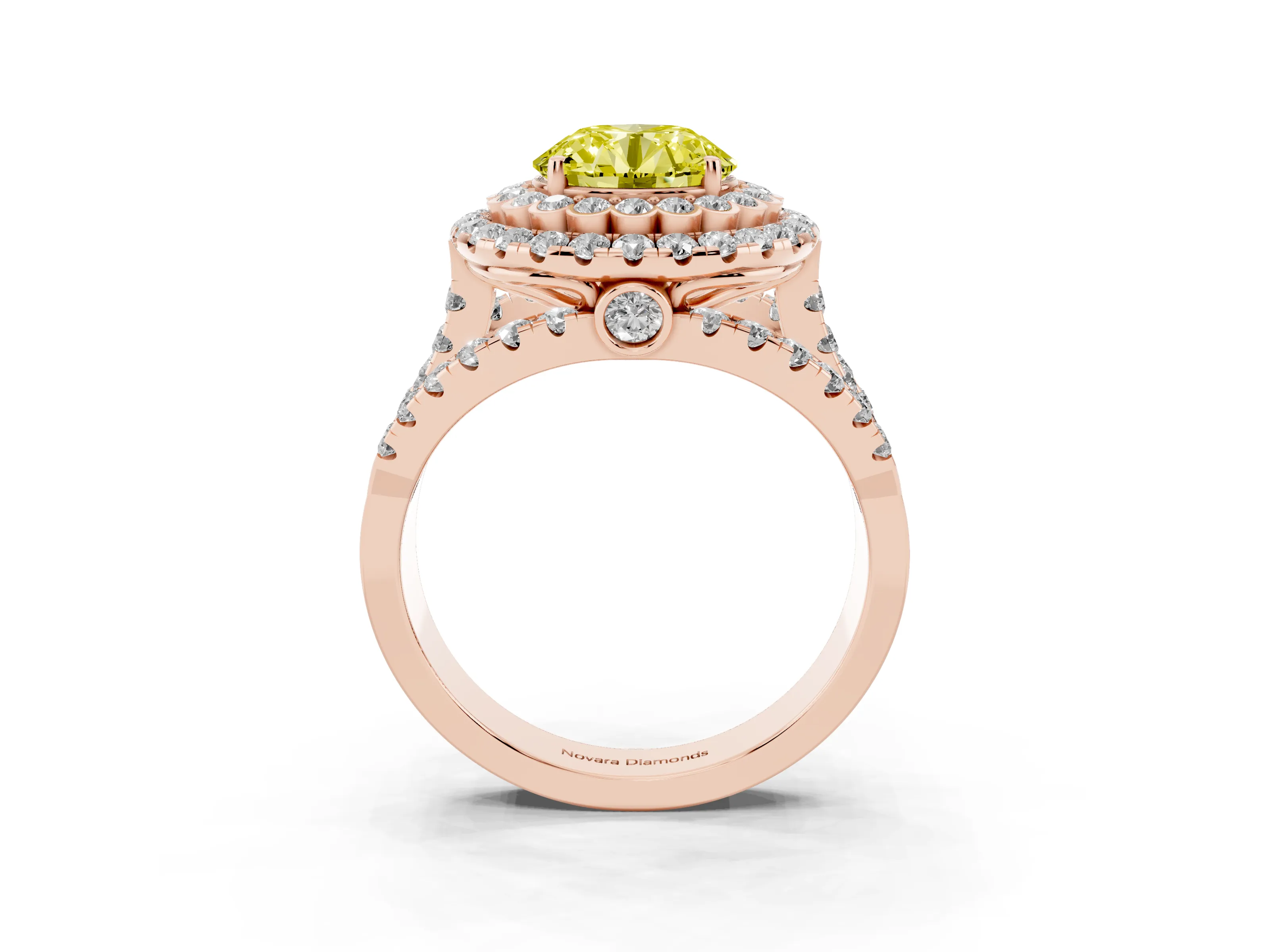 Fancy Yellow Round Cut Diamond Double Halo Ring Set in Rose gold with Round Pavé Split Shank