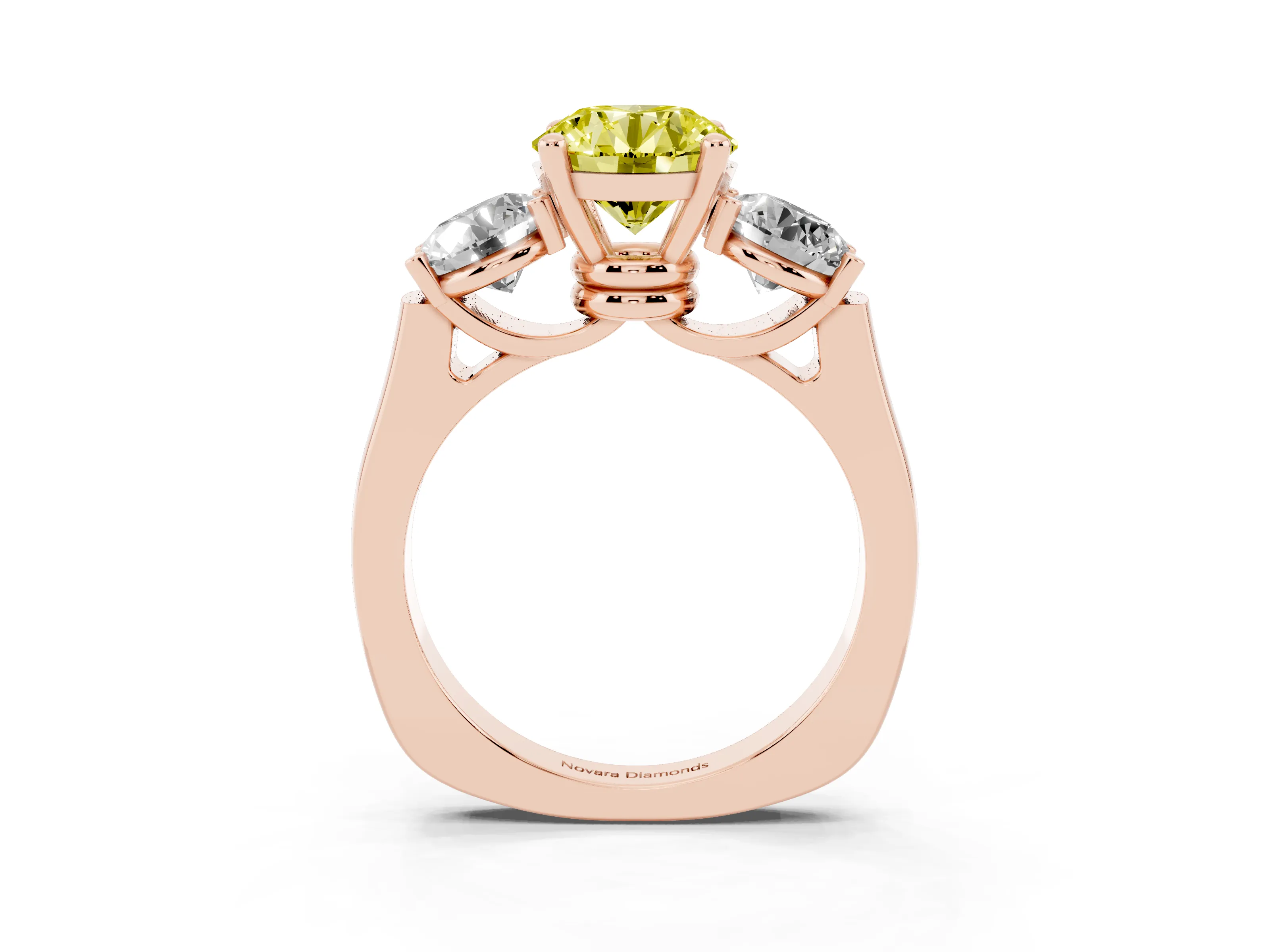 Fancy Yellow Round Cut Diamond Three-Stone Trellis Ring Set in Rose gold with Comfort Fit Band