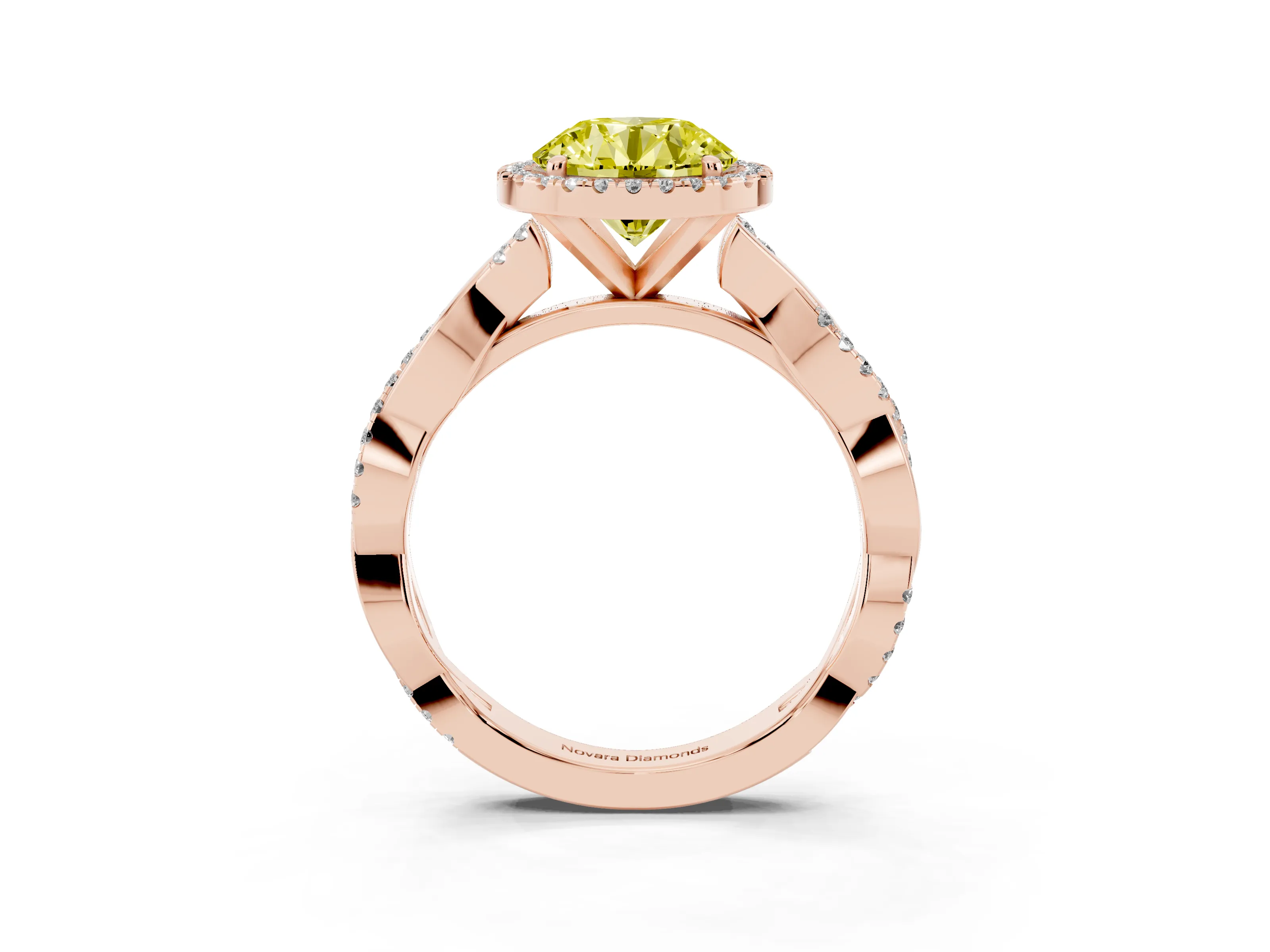 Fancy Yellow Round Cut Diamond Halo Twisted Band Ring Set in Rose gold with Prong Setting