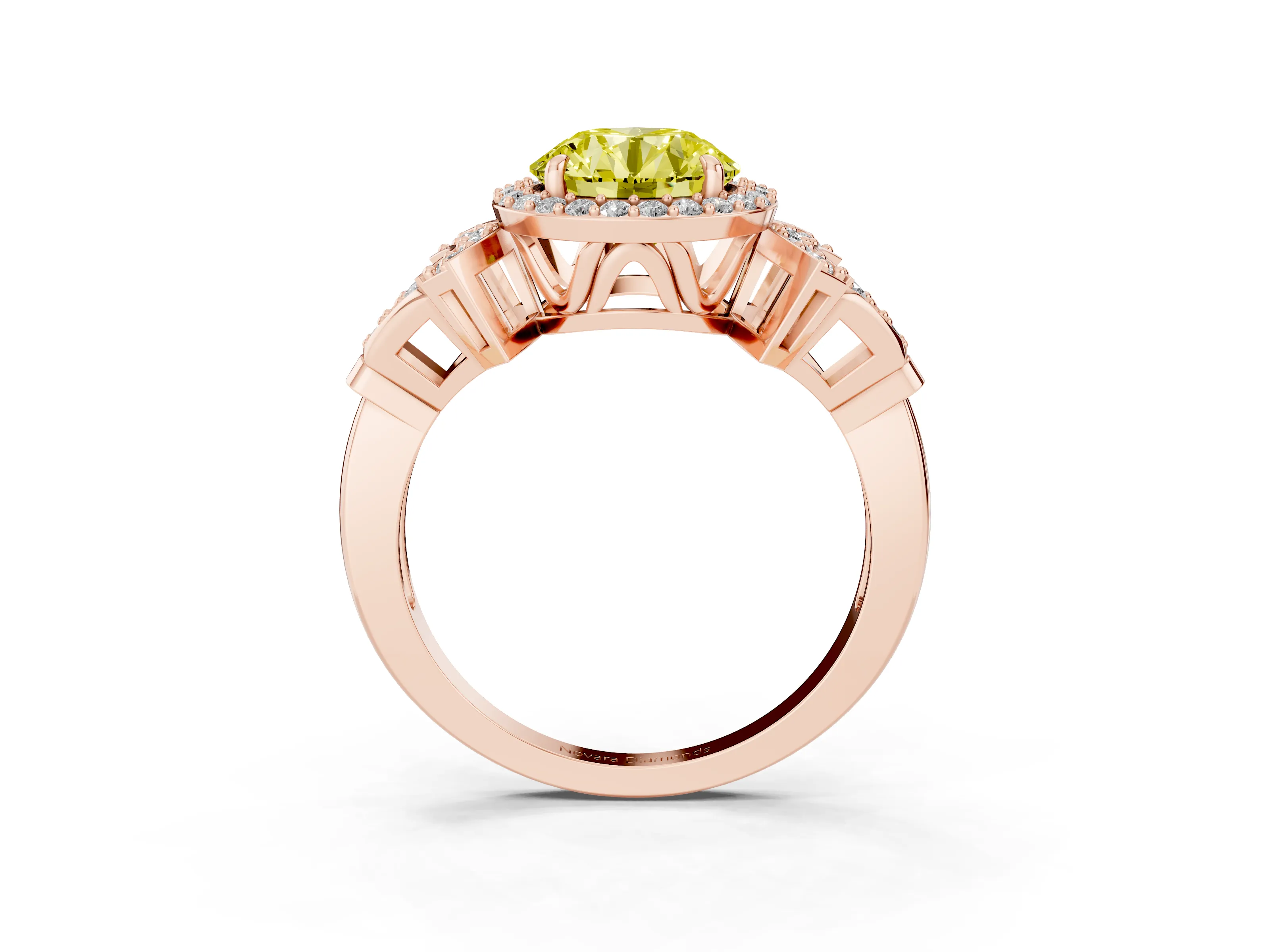 Fancy Yellow Round Cut Diamond Halo Engagement Ring Set in Rose gold with Accent Stone Split Shank