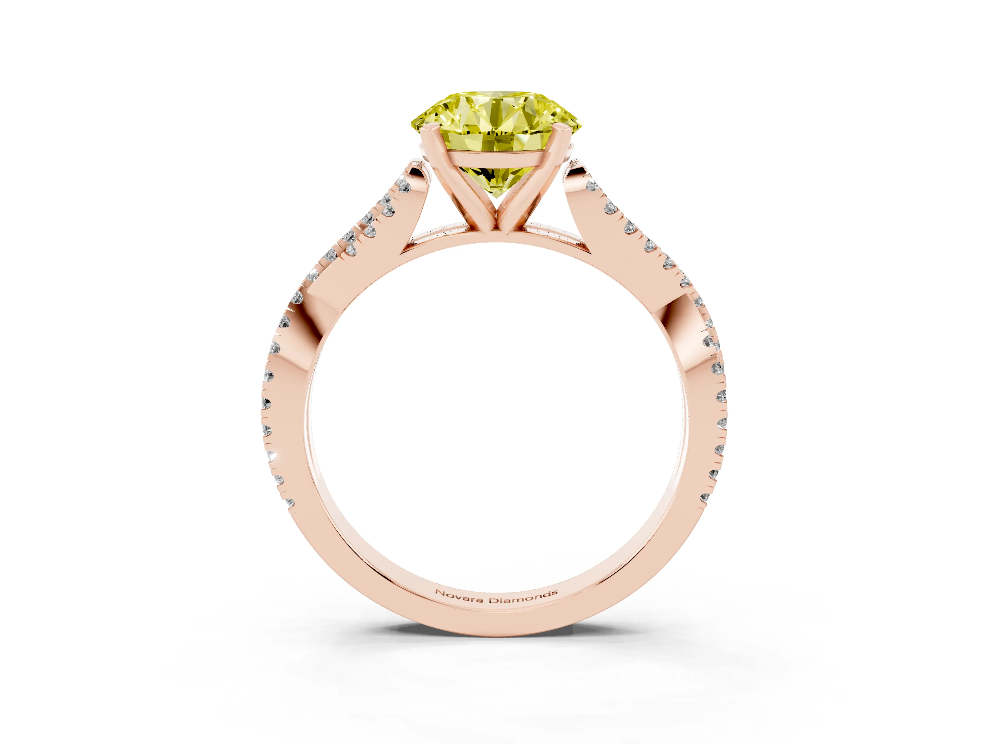 Fancy Yellow Round Cut Diamond Solitaire Engagement Ring Set in Rose gold with Twisted Pavé Band and Prong Setting