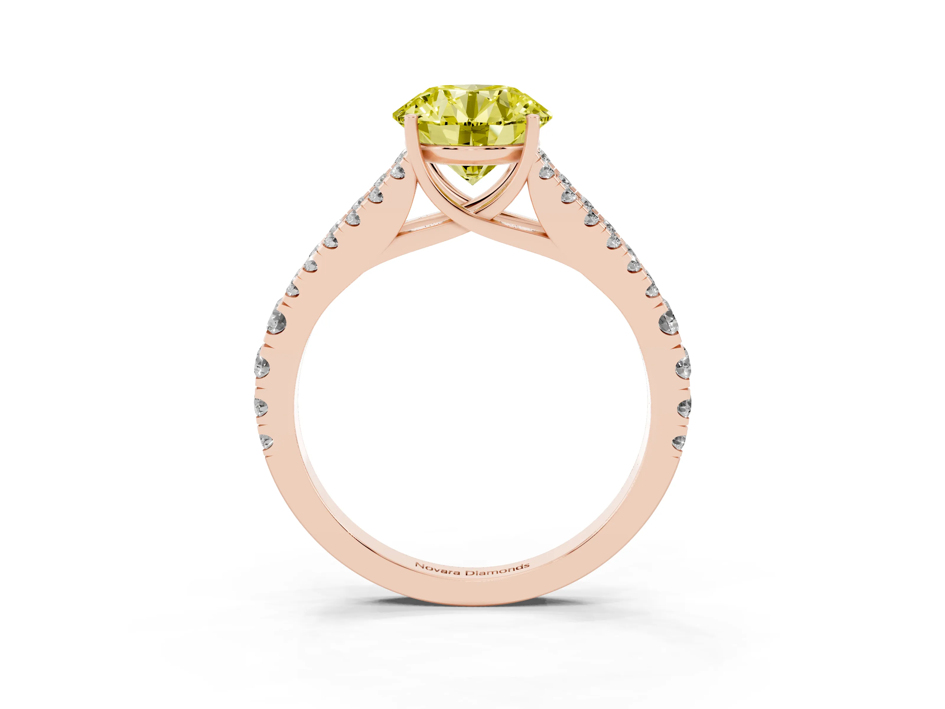 Fancy Yellow Round Cut Diamond Split Shank Pavé Engagement Ring Set in Rose gold with Prong-Held Center Stone