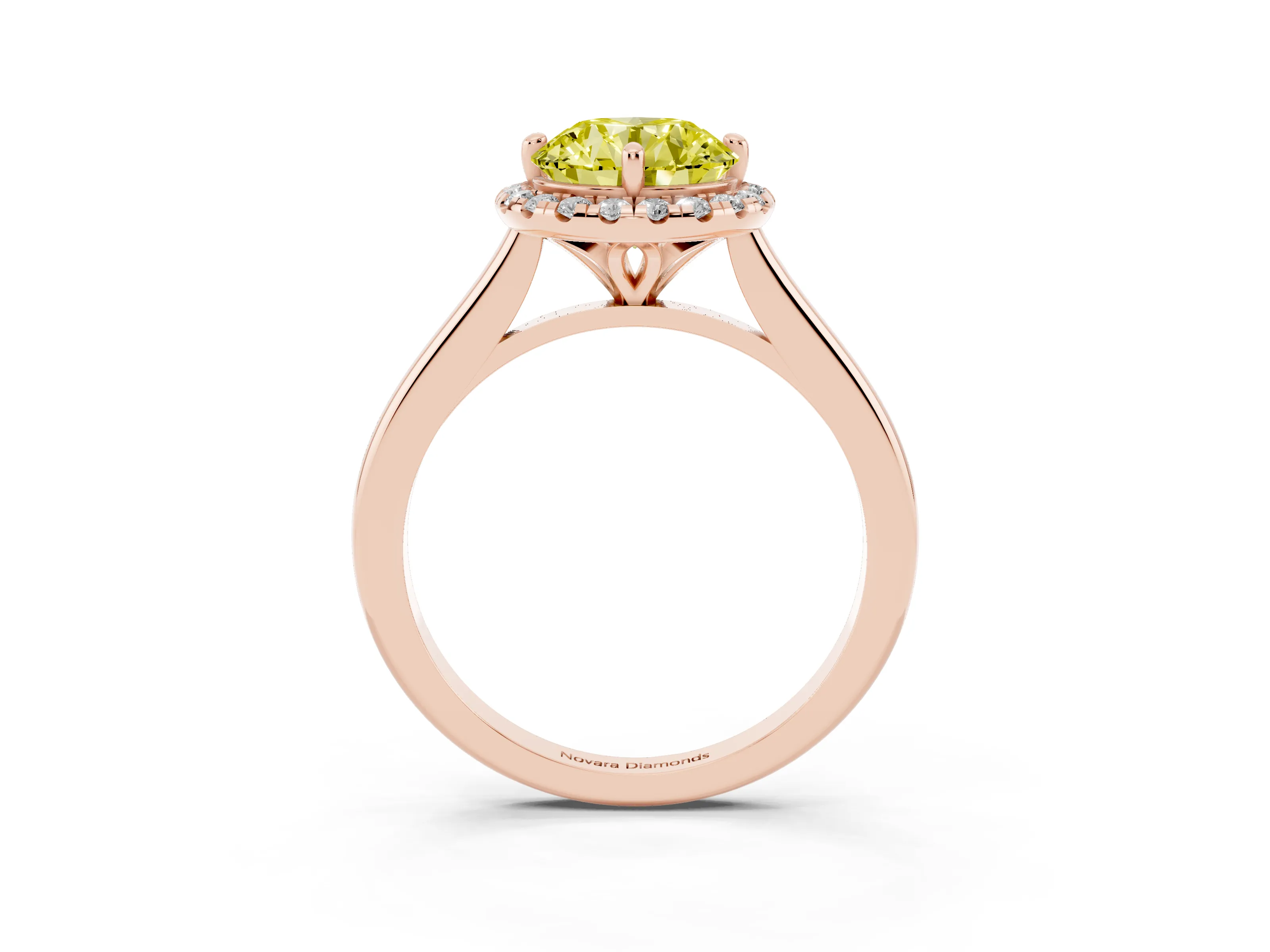Fancy Yellow Round Cut Diamond Halo Engagement Ring Set in Rose gold with Pavé Band and Rising Shoulders