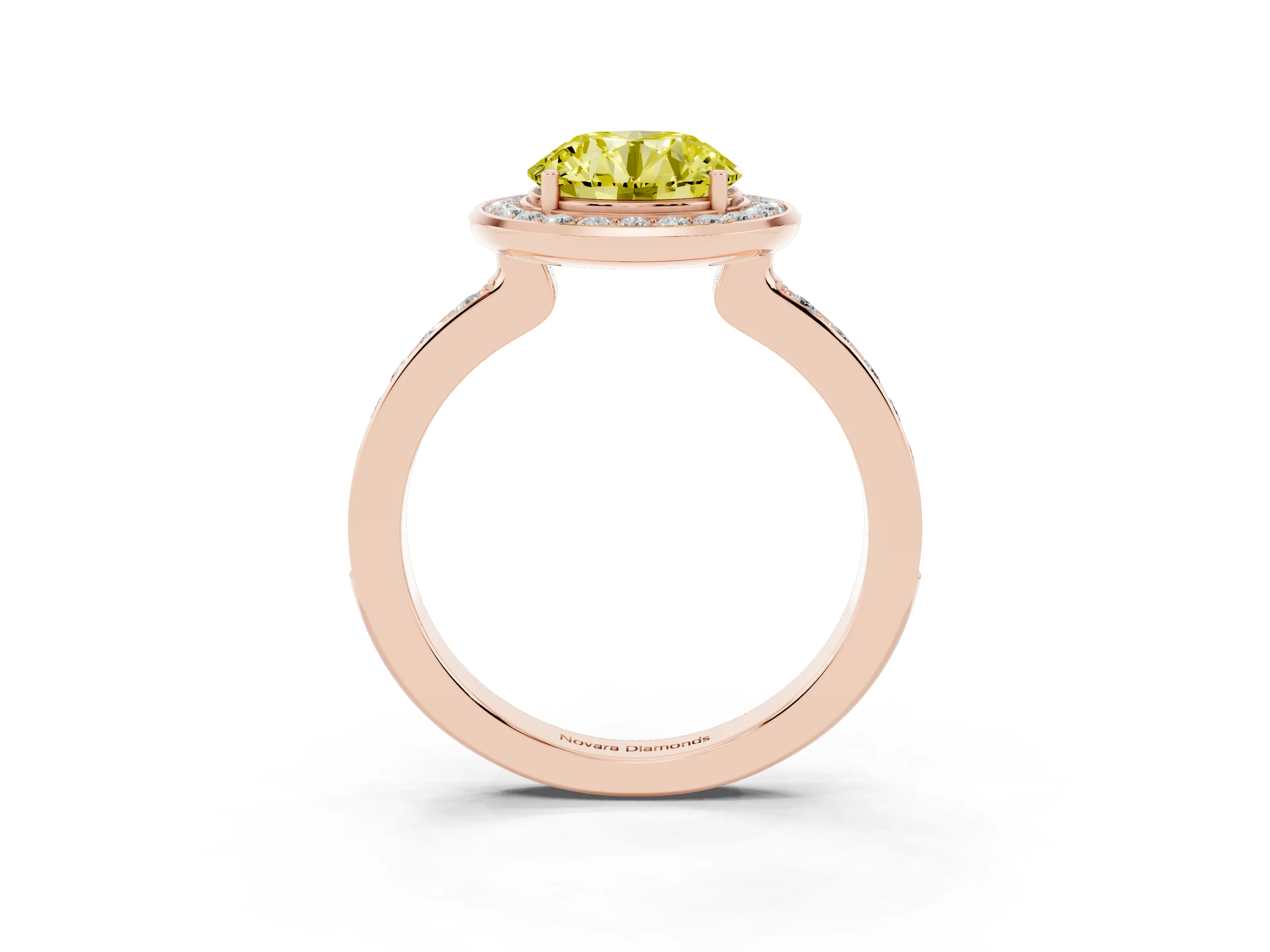 Fancy Yellow Round Cut Diamond Halo Ring Set in Rose gold with Bezel Frame and Pavé Band