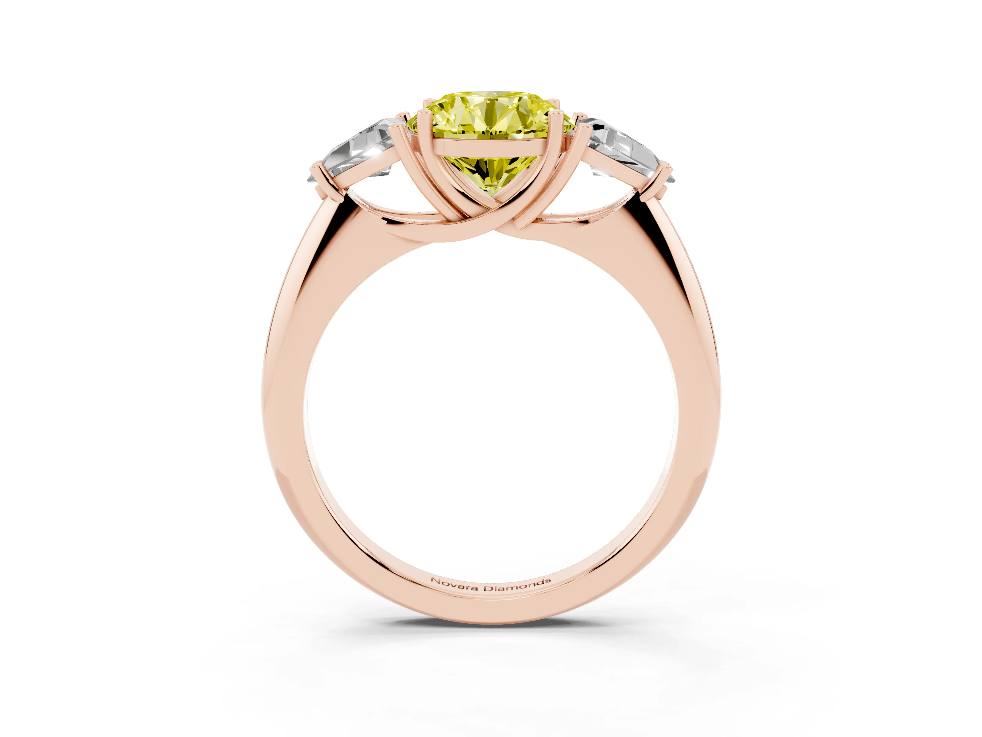 Fancy Yellow Round Cut Diamond Three-Stone Engagement Ring Set in Rose gold with Trillion Side Stones