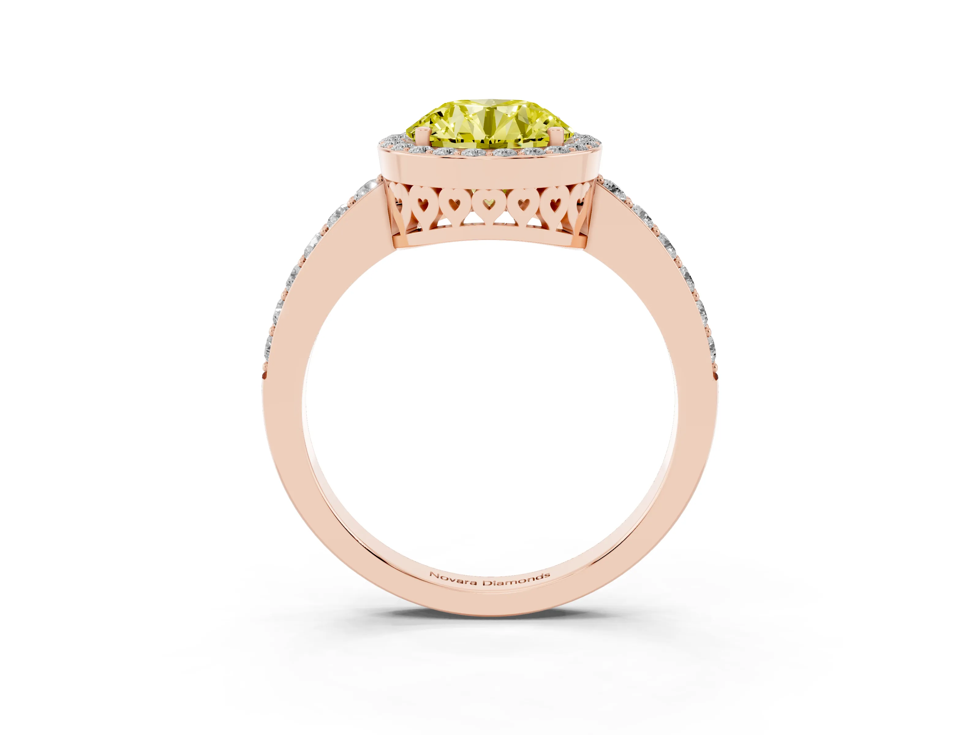 Fancy Yellow Round Cut Diamond Halo Ring Set in Rose gold with Pavé-Setting Band and Open Prong Center