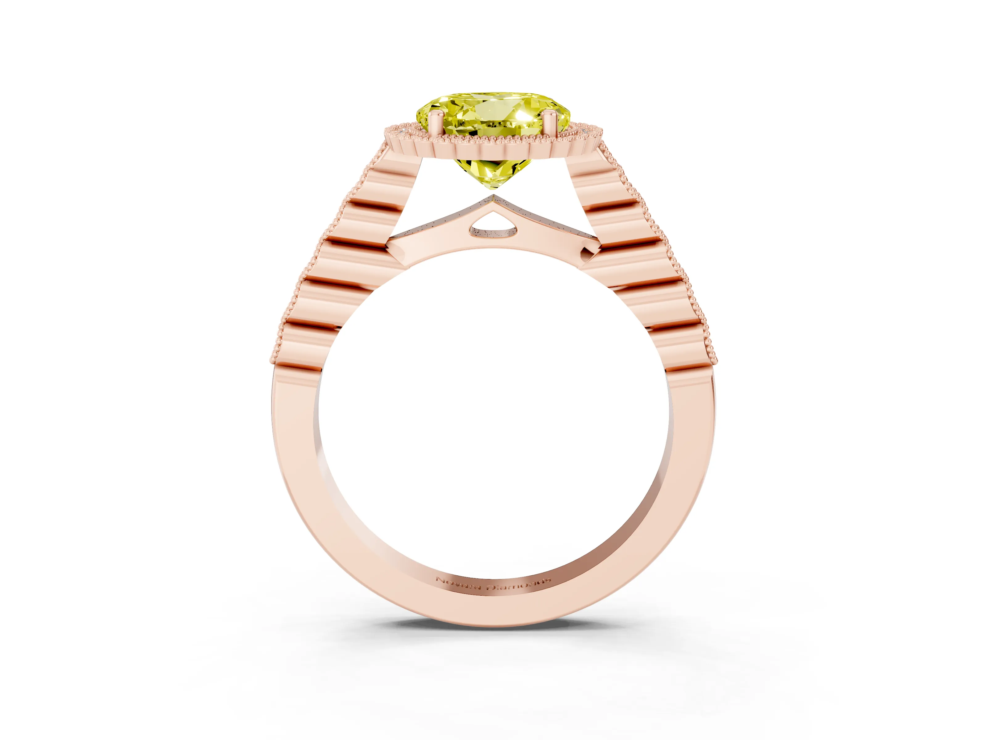 Fancy Yellow Round Cut Diamond Halo Ring Set in Rose gold with Pavé Milgrain Band