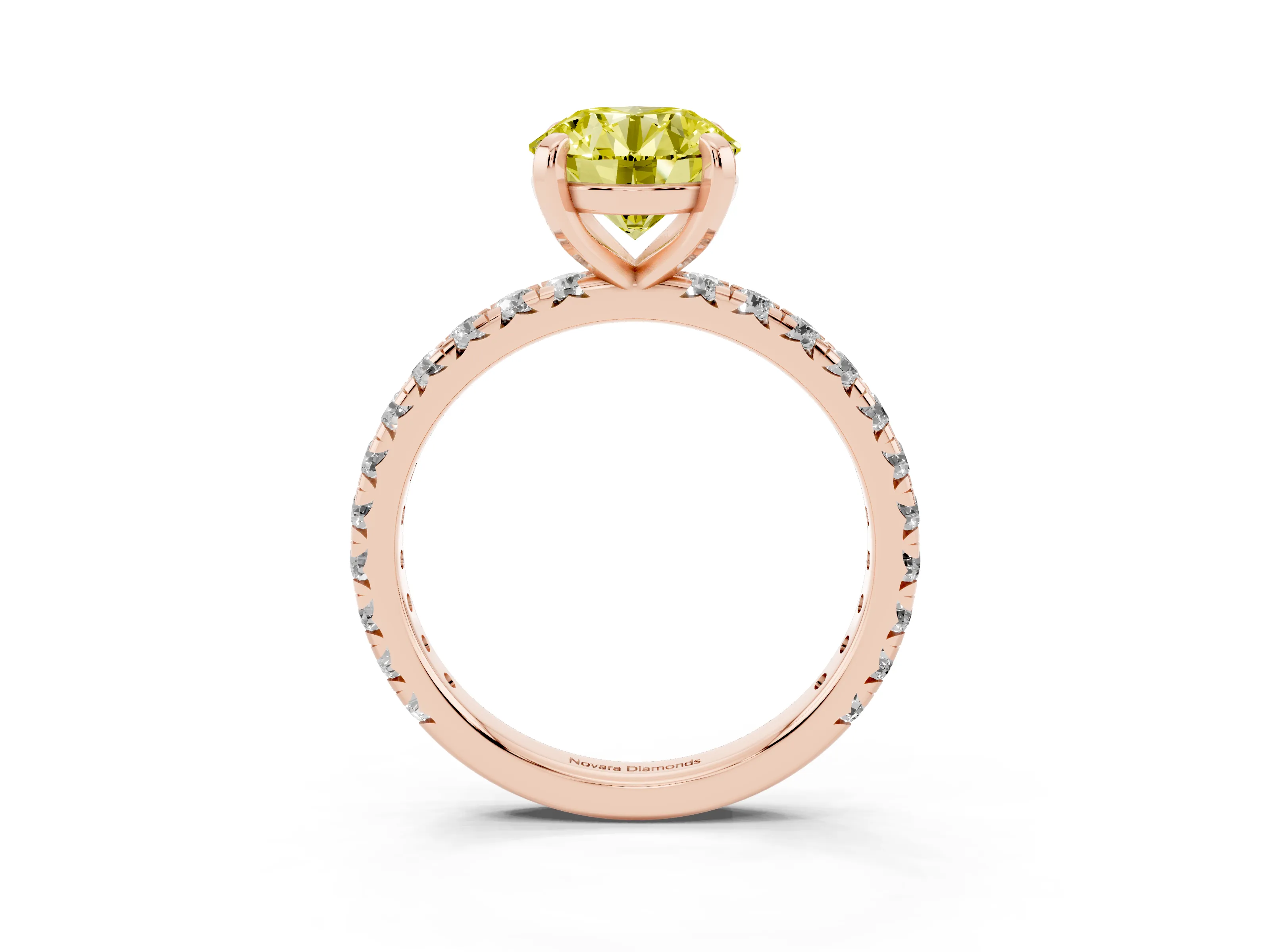 Fancy Yellow Round Cut Diamond Pavé Solitaire Ring Set in Rose gold with Round Band and Prong Setting