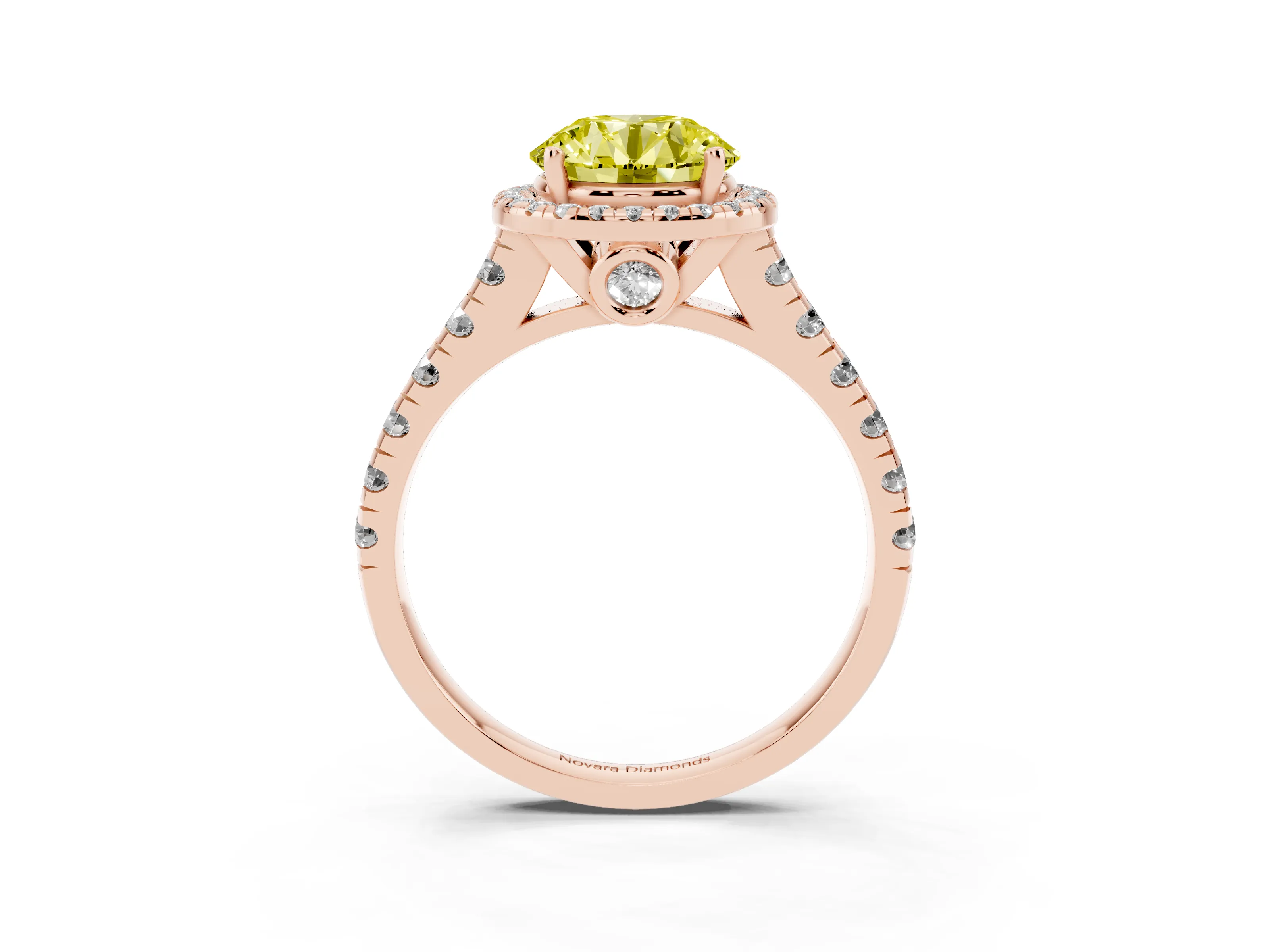 Fancy Yellow Round Cut Diamond Halo Engagement Ring Set in Rose gold with Pavé Band and Prong-Set Center