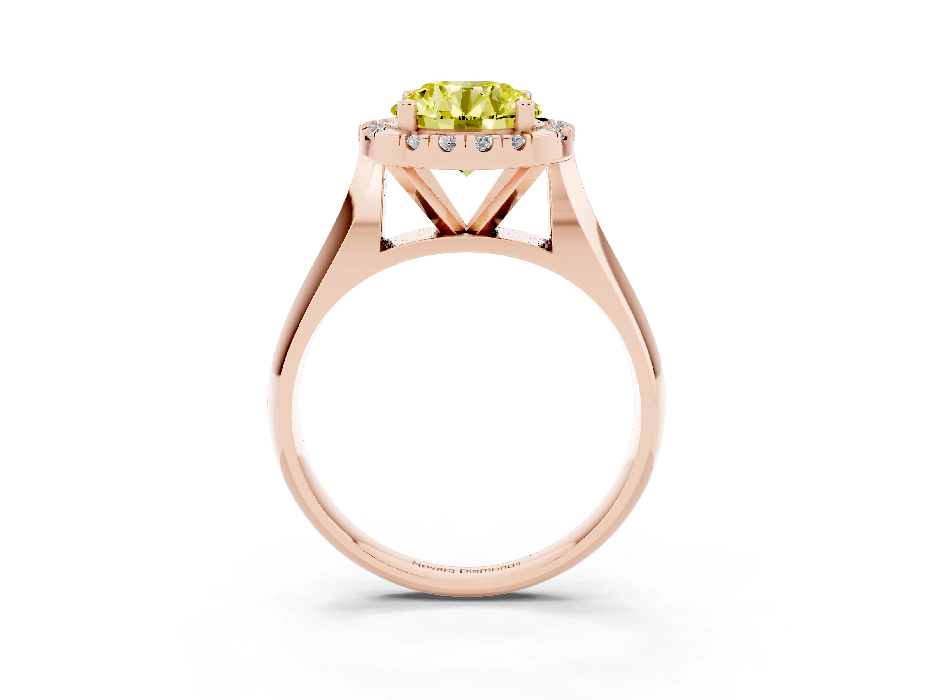 Fancy Yellow Round Cut Diamond Halo Solitaire Engagement Ring Set in Rose gold with Square Band and Prong Setting