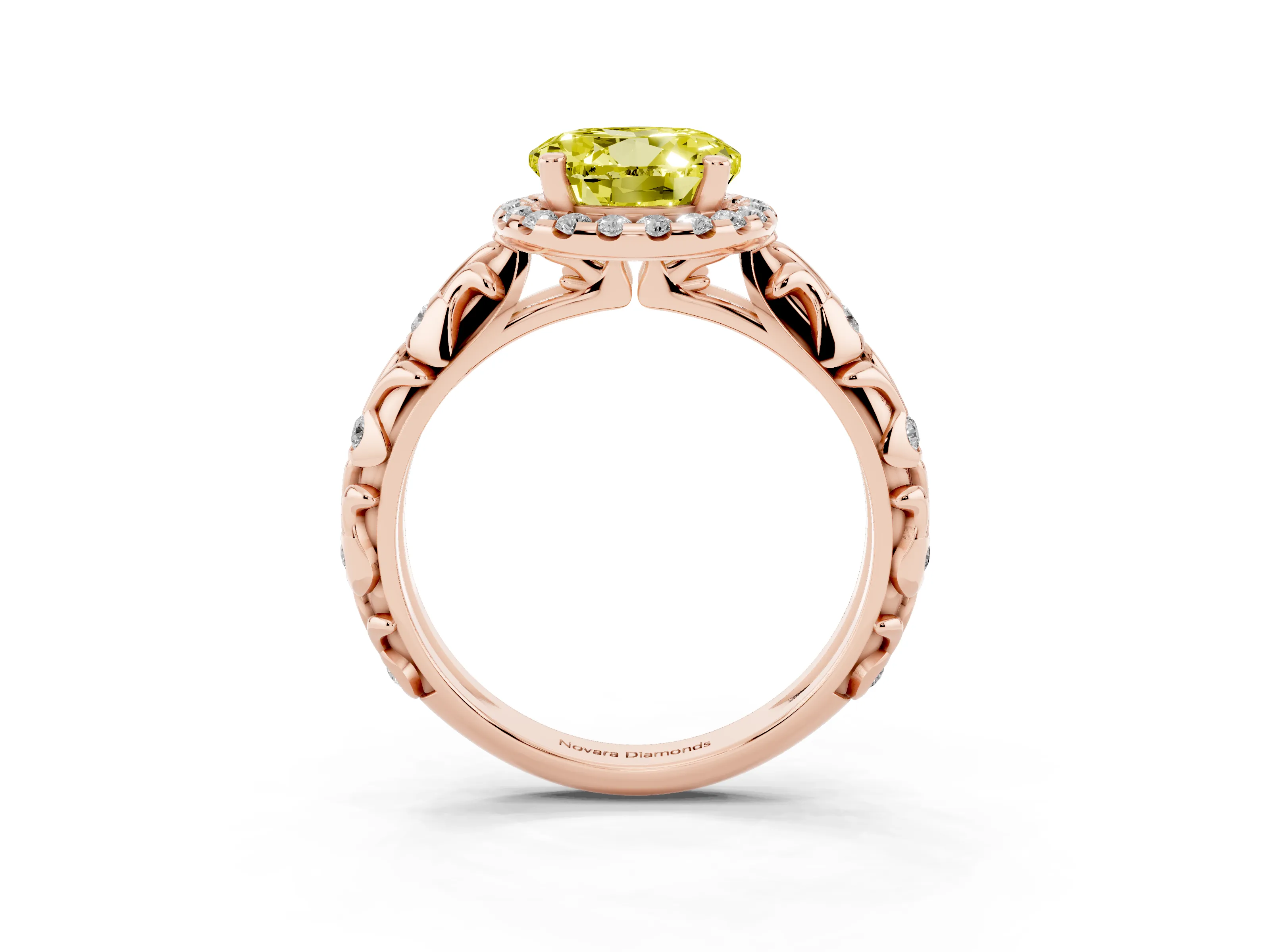 Fancy Yellow Round Cut Diamond Halo Ring Set in Rose gold with Filigree Leaf Band and Prong Setting