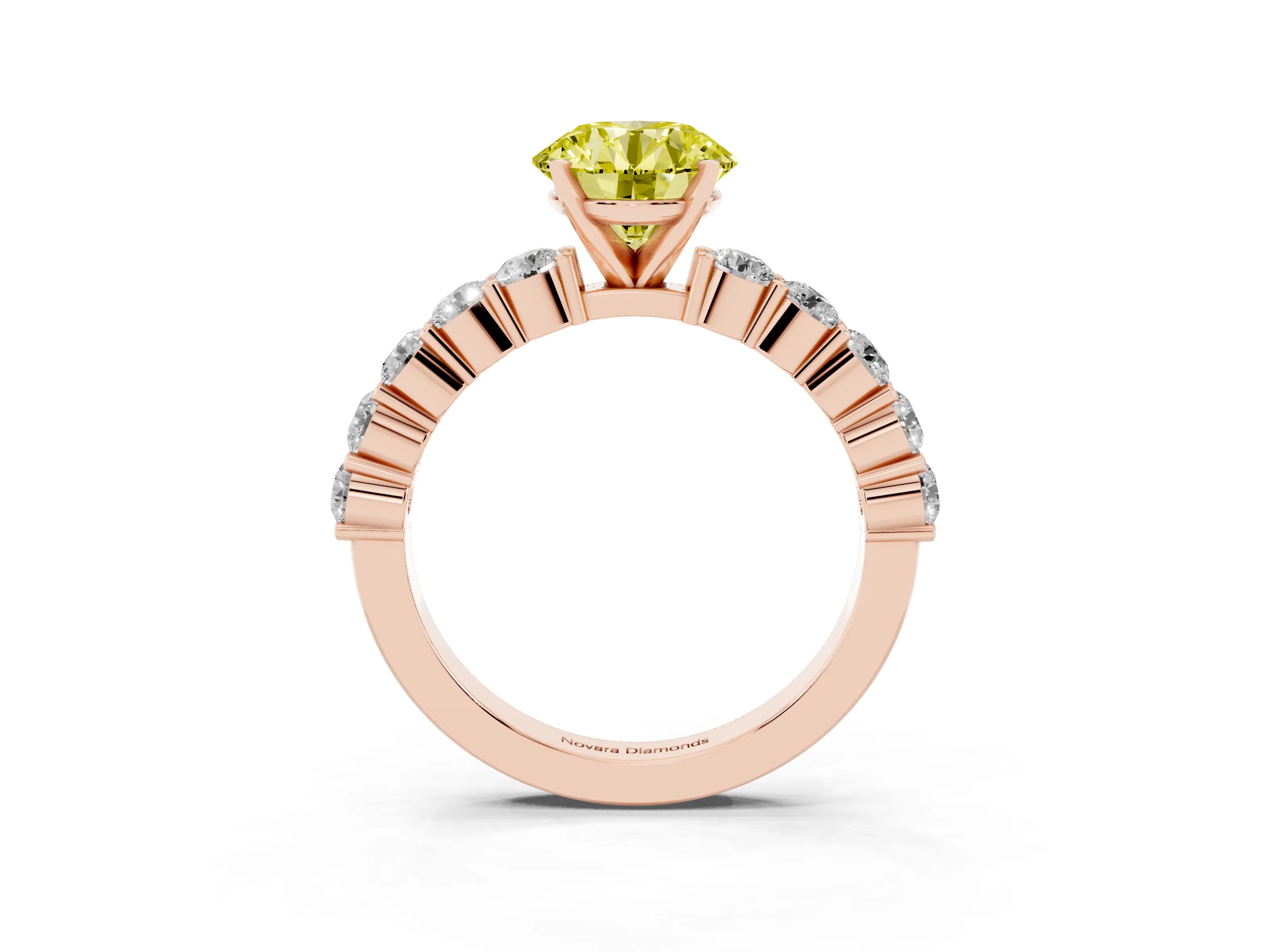 Fancy Yellow Round Cut Diamond Solitaire Ring Set in Rose gold with Shared Prong Round Side Stones