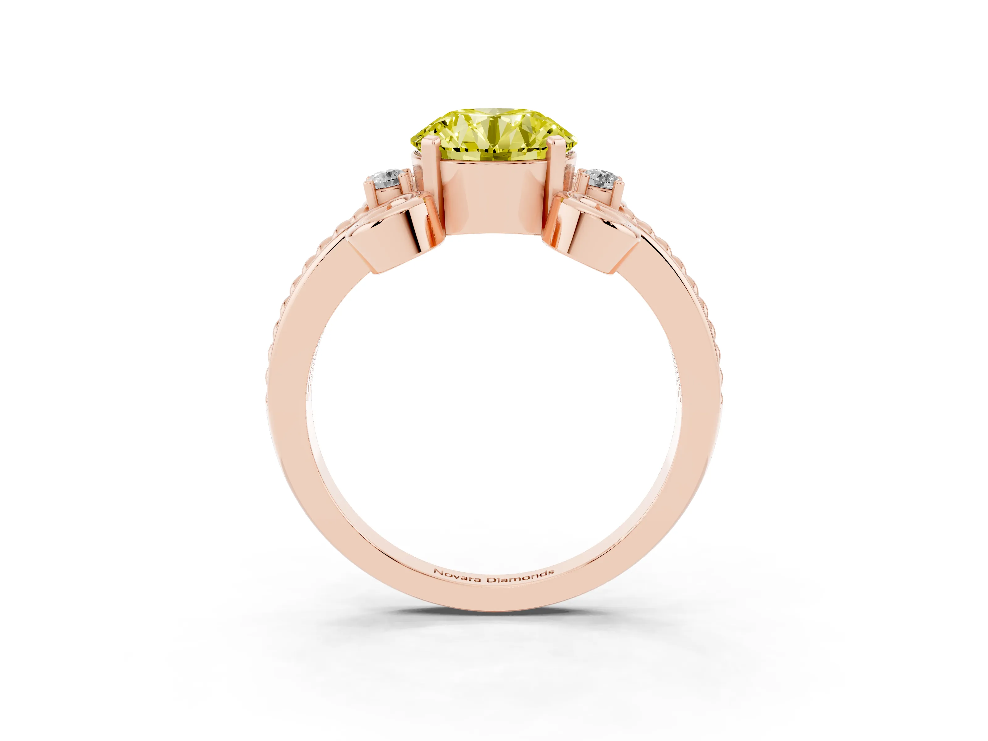 Fancy Yellow Round Cut Diamond Twisted Band Solitaire Ring Set in Rose gold with Scroll Prongs