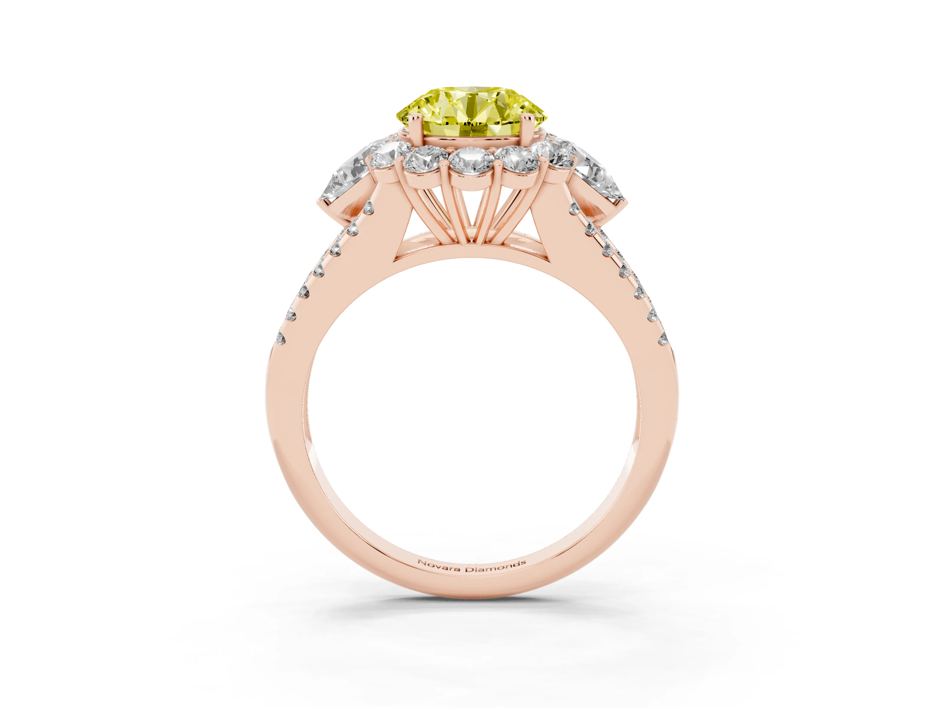 Fancy Yellow Round Cut Diamond Halo Split Shank Engagement Ring Set in Rose gold with Prong-Held Center Stone