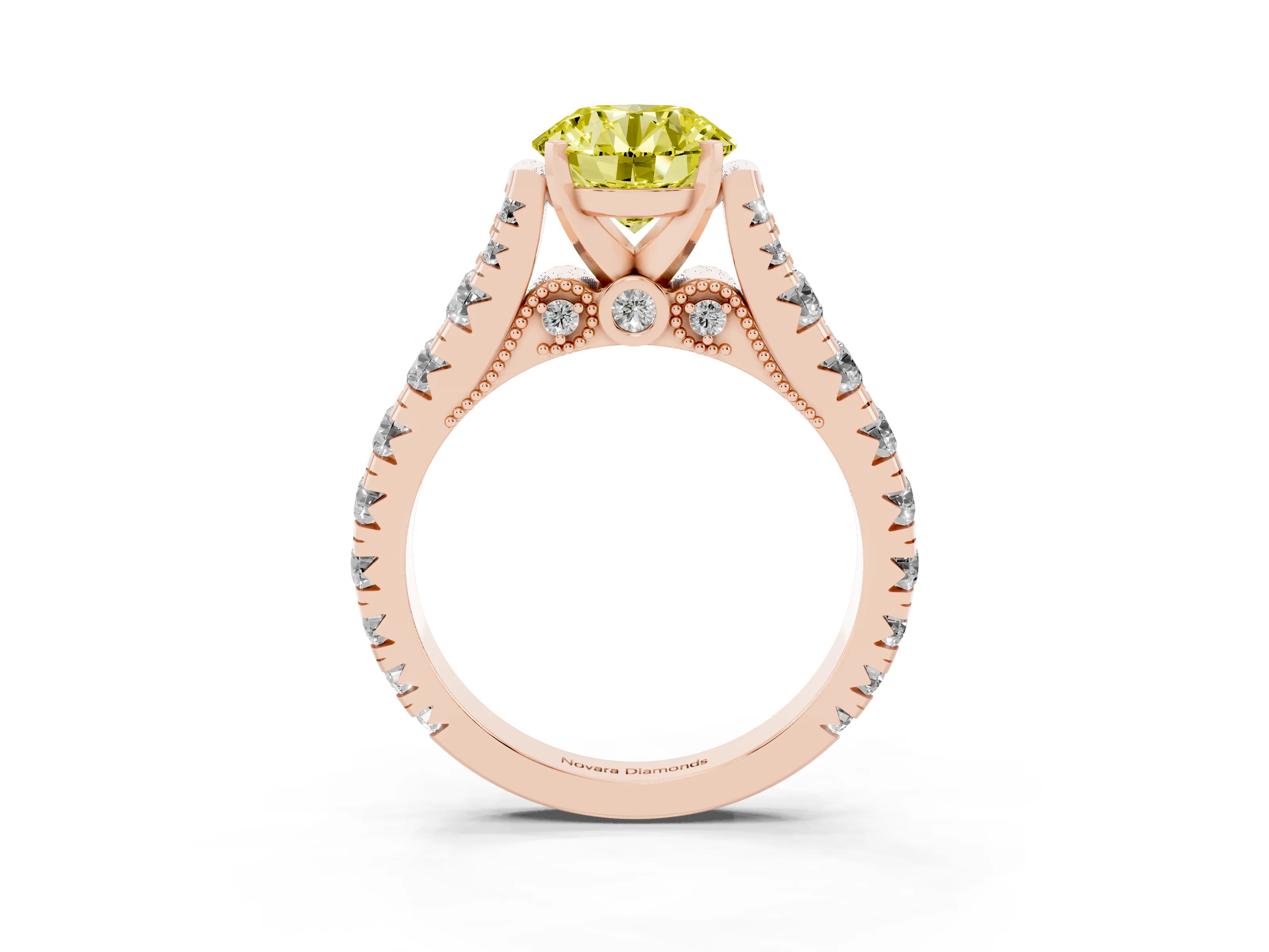 Fancy Yellow Round Cut Diamond Classic Solitaire Ring Set in Rose gold with Pavé Band and Prong Setting