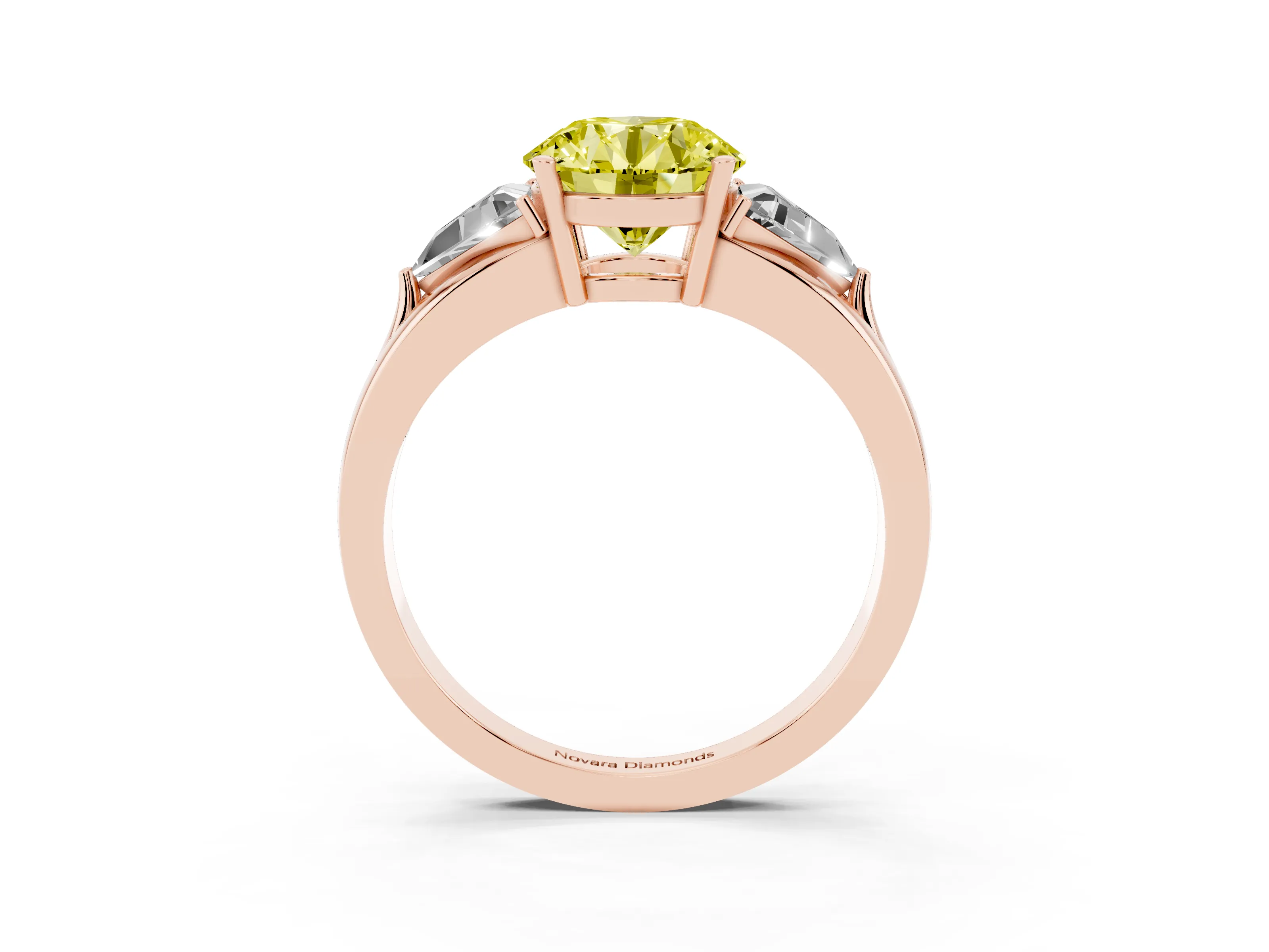 Fancy Yellow Round Cut Diamond Three-Stone Ring Set in Rose gold with Trillion Side Stones and Split Shank