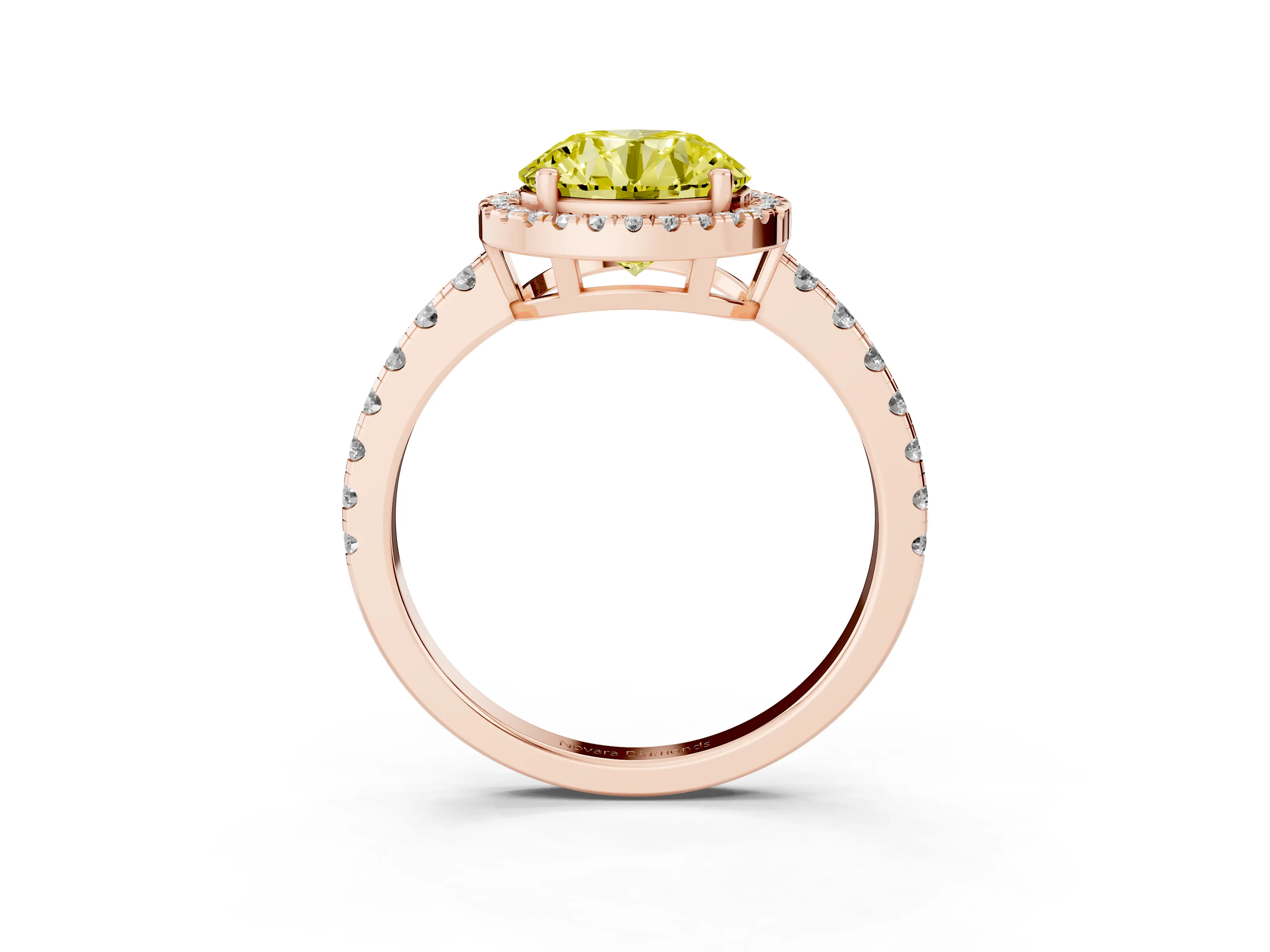 Fancy Yellow Round Cut Diamond Halo Ring Set in Rose gold with Delicate Pavé Band and Prong Setting