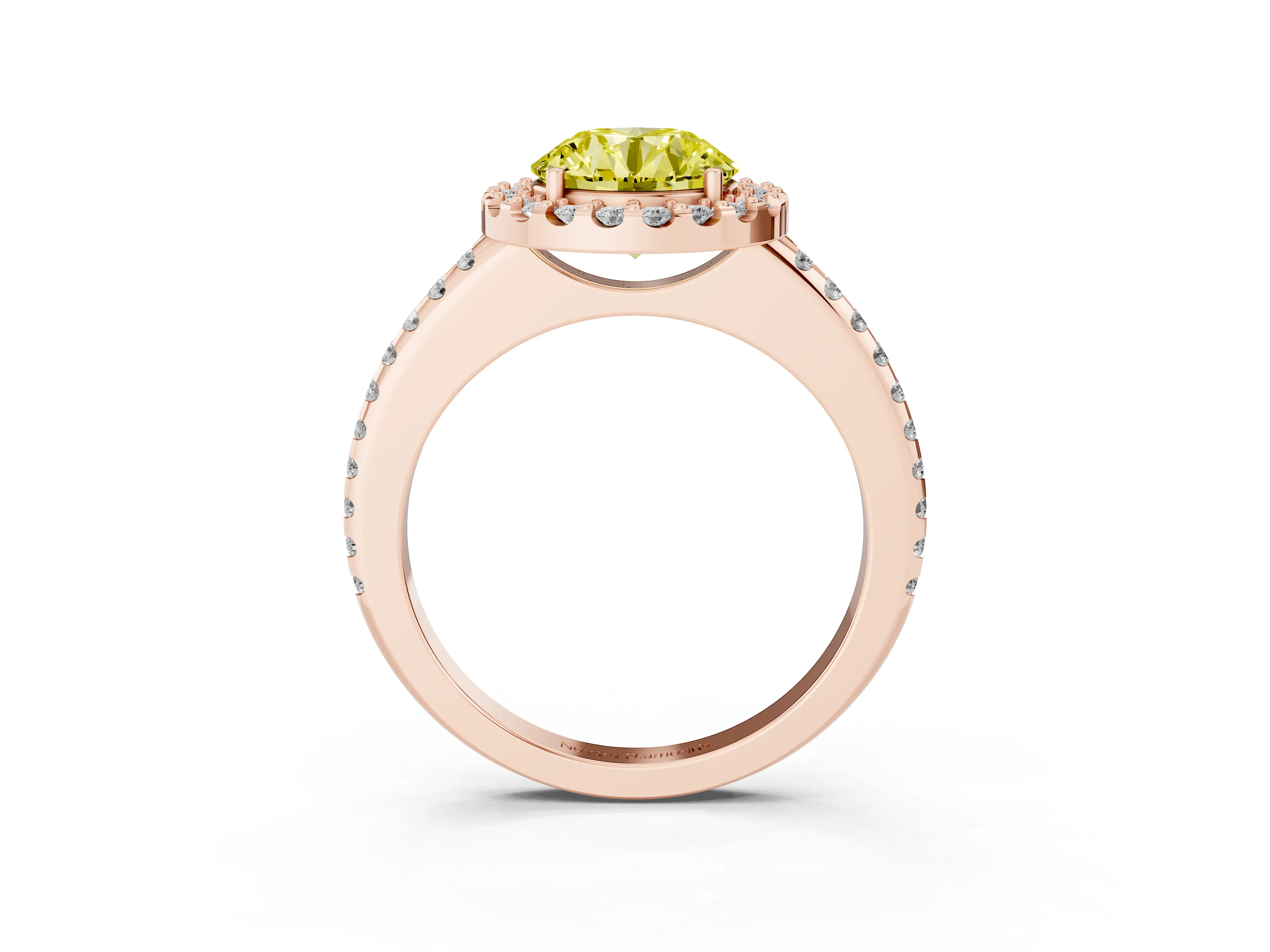 Fancy Yellow Round Cut Diamond Pavé Halo Ring Set in Rose gold with Prong Setting