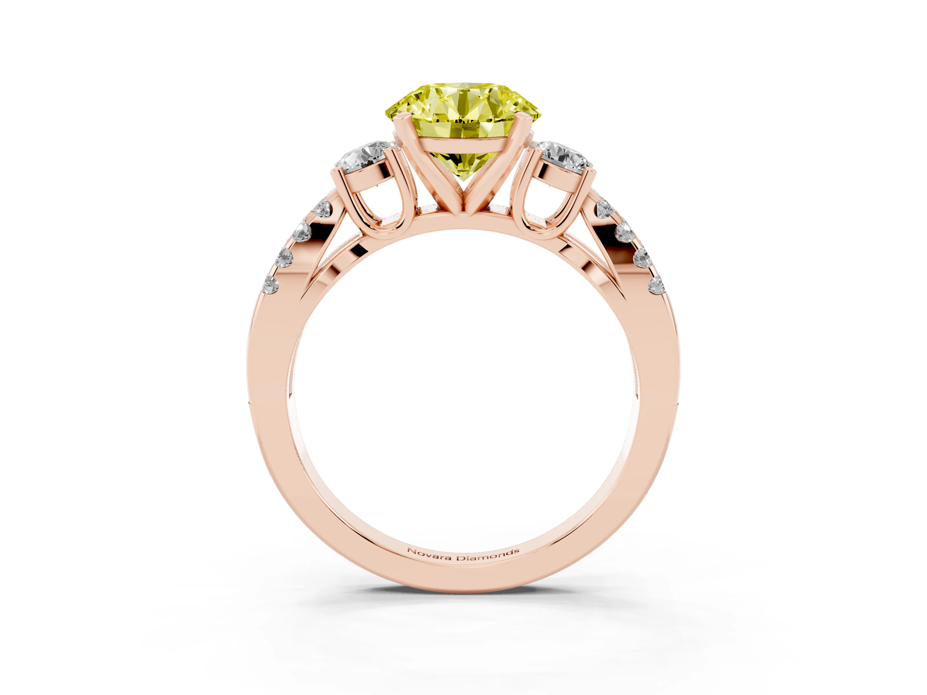 Fancy Yellow Round Cut Diamond Three-Stone Ring Set in Rose gold with Pavé Split Shank and Prong Setting