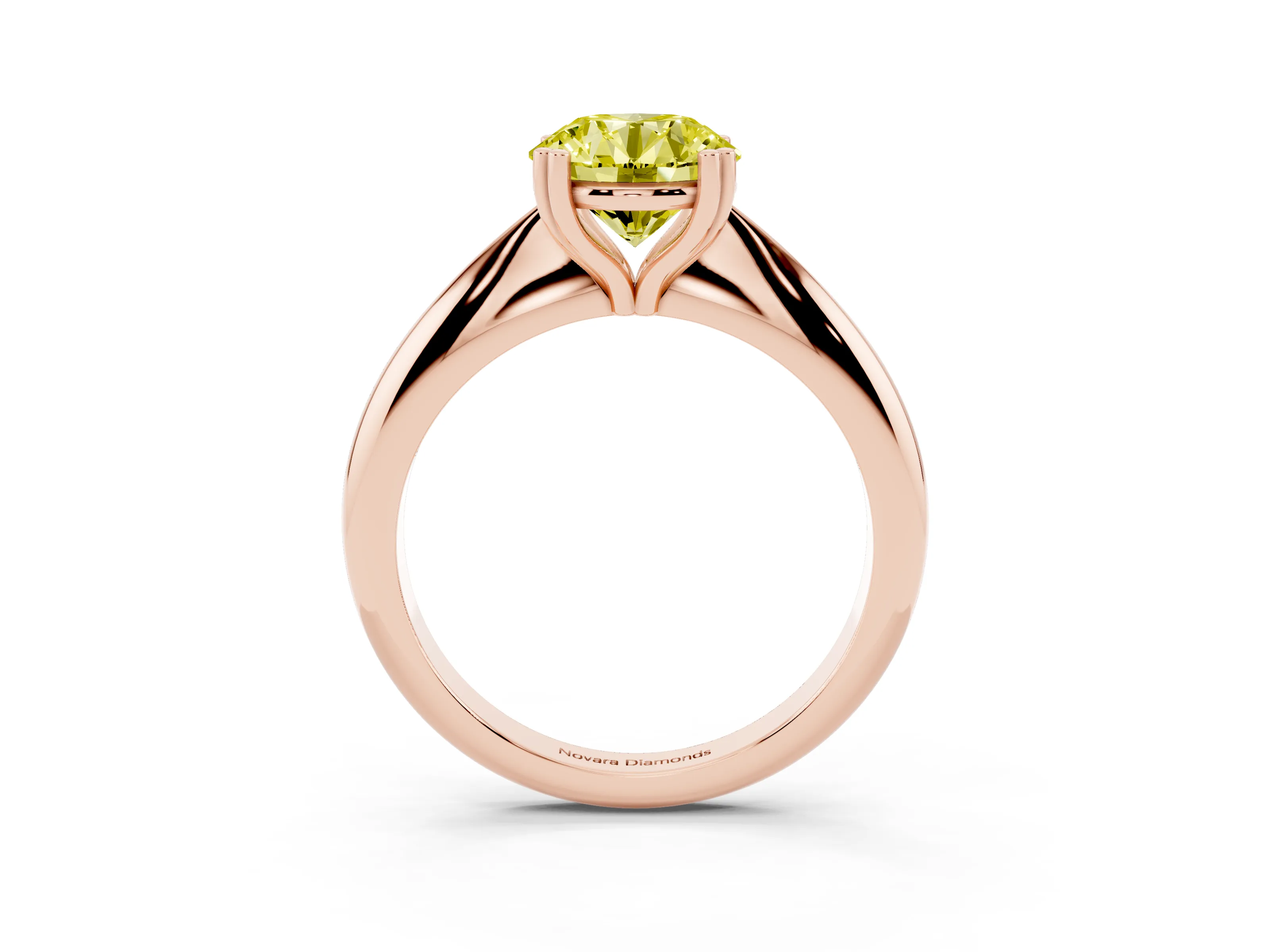 Fancy Yellow Round Cut Diamond Solitaire Engagement Ring Set in Rose gold with Tapered Band and Prong Setting