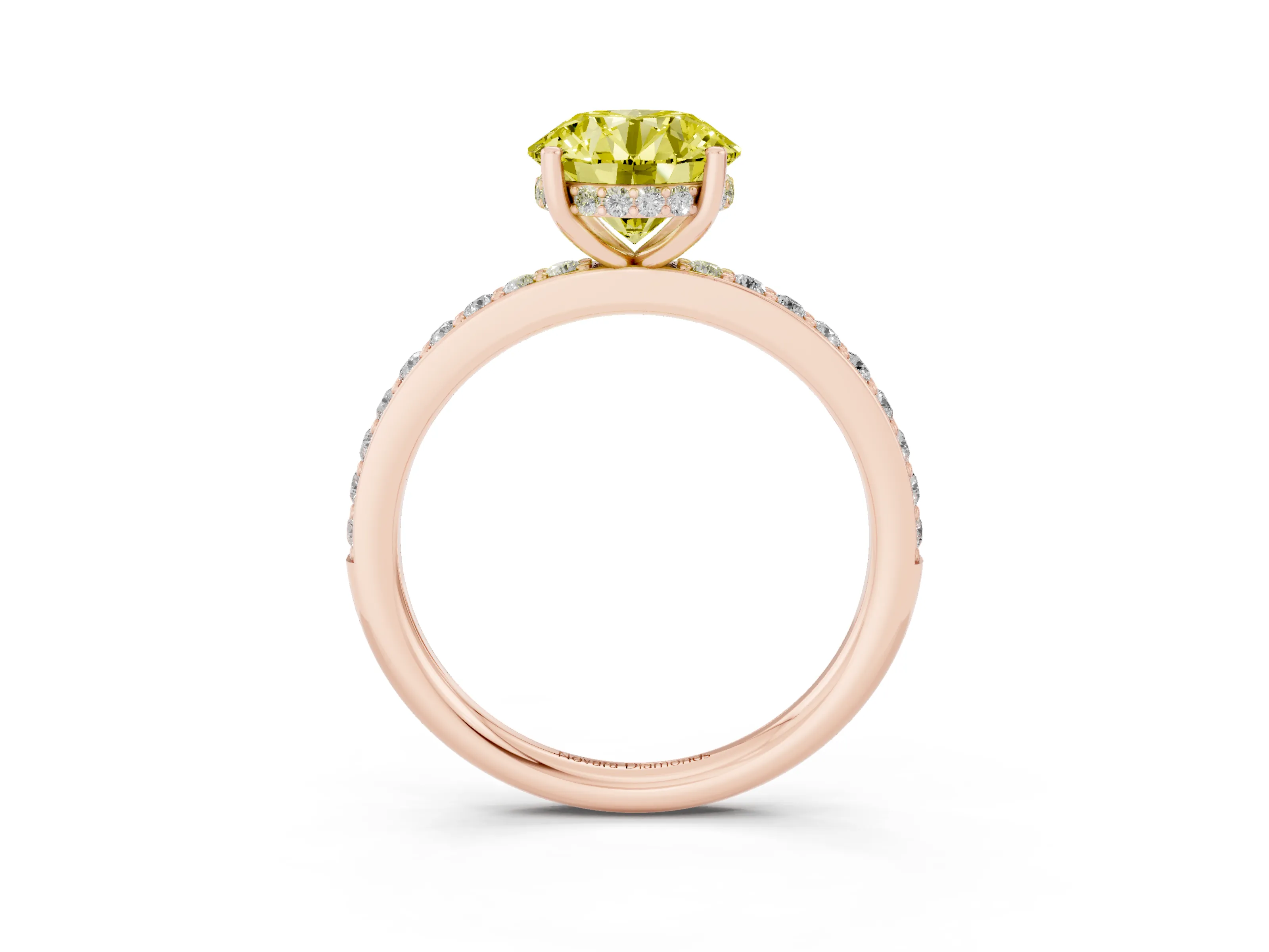 Fancy Yellow Round Cut Diamond Pavé Band Ring Set in Rose gold with Prong-Set Center Stone