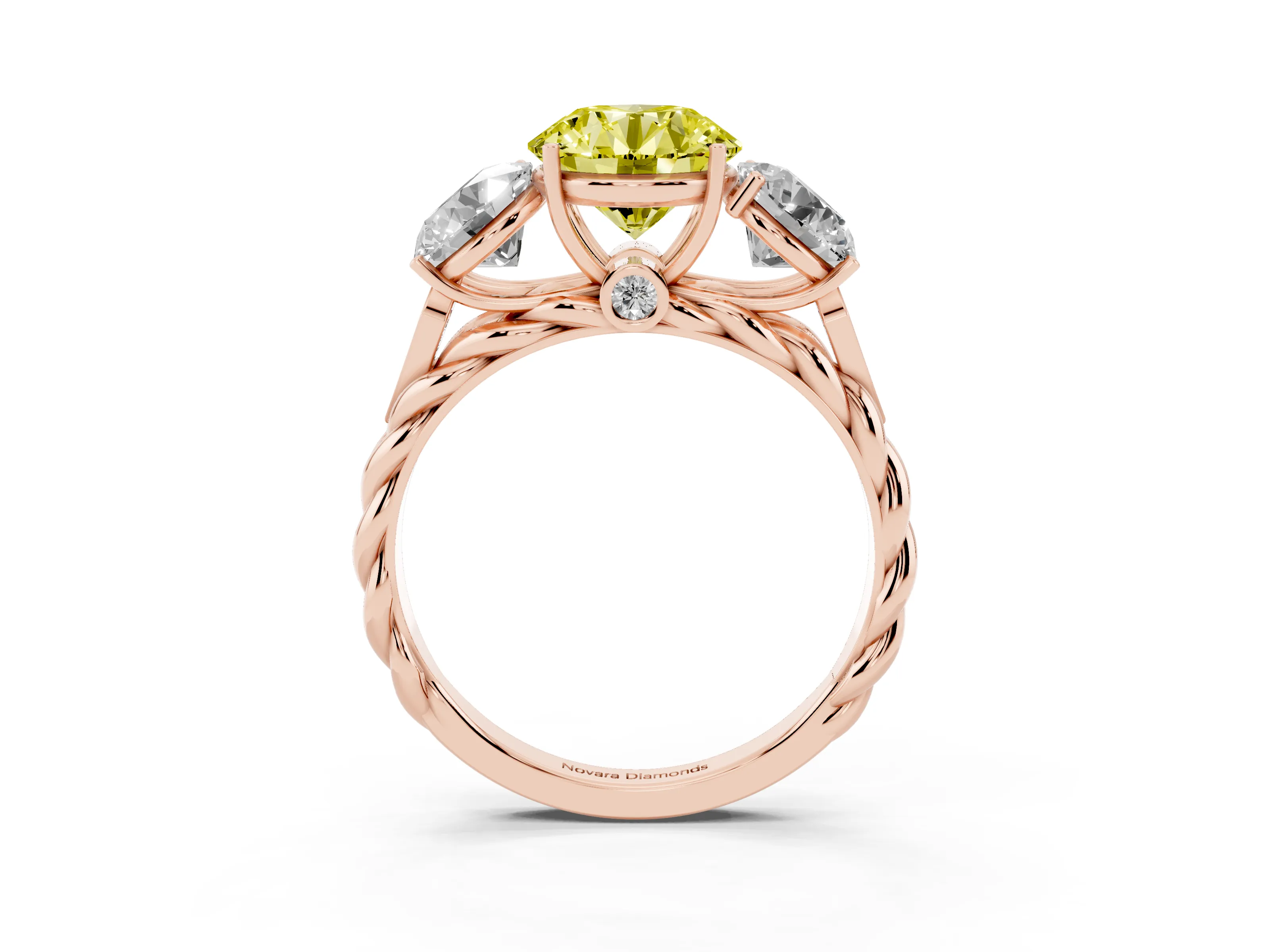 Fancy Yellow Round Cut Diamond Three-Stone Ring Set in Rose gold with Braided Band