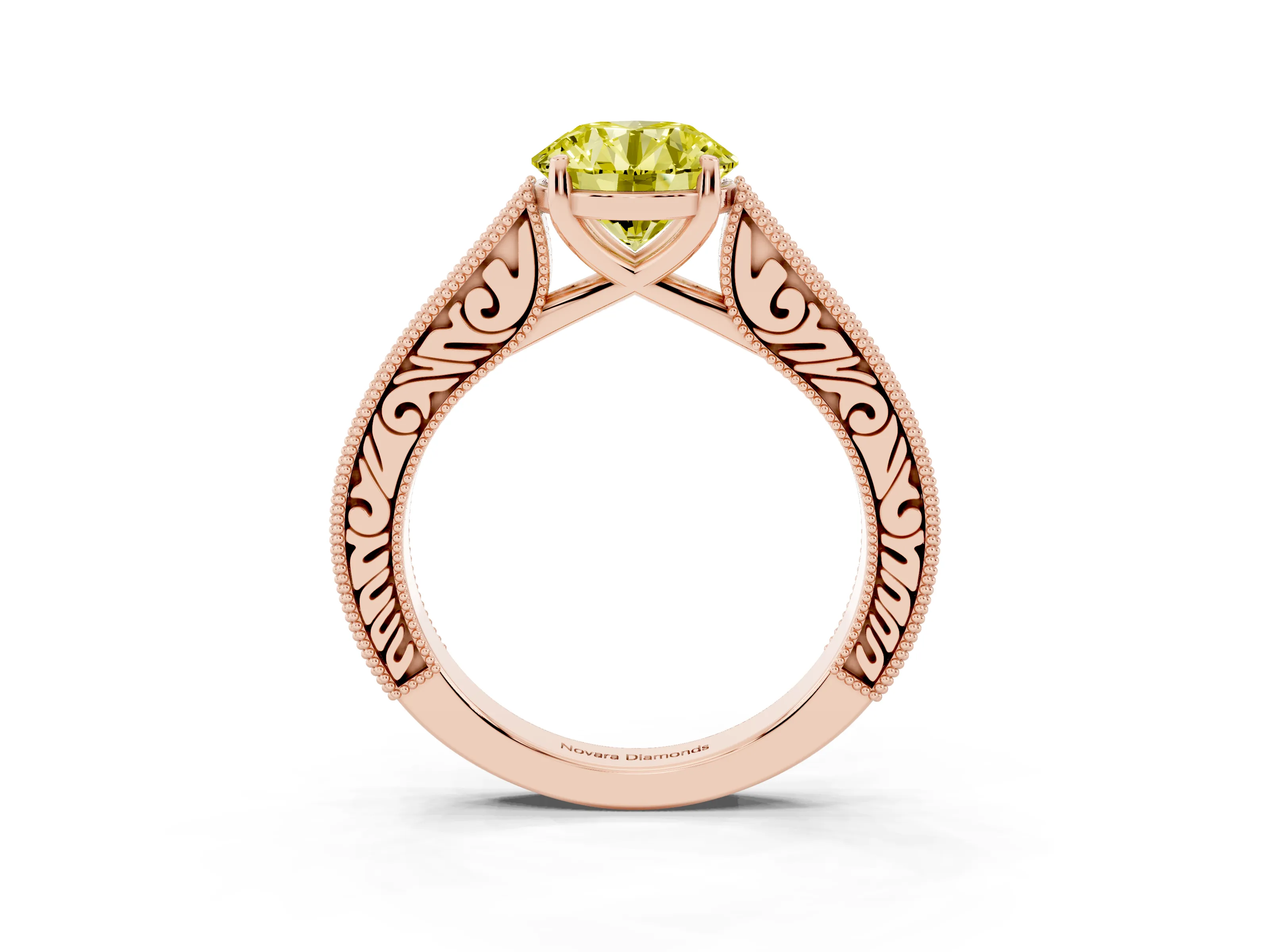 Fancy Yellow Round Cut Diamond Milgrain Pavé Band Solitaire Ring Set in Rose gold with Prong Setting