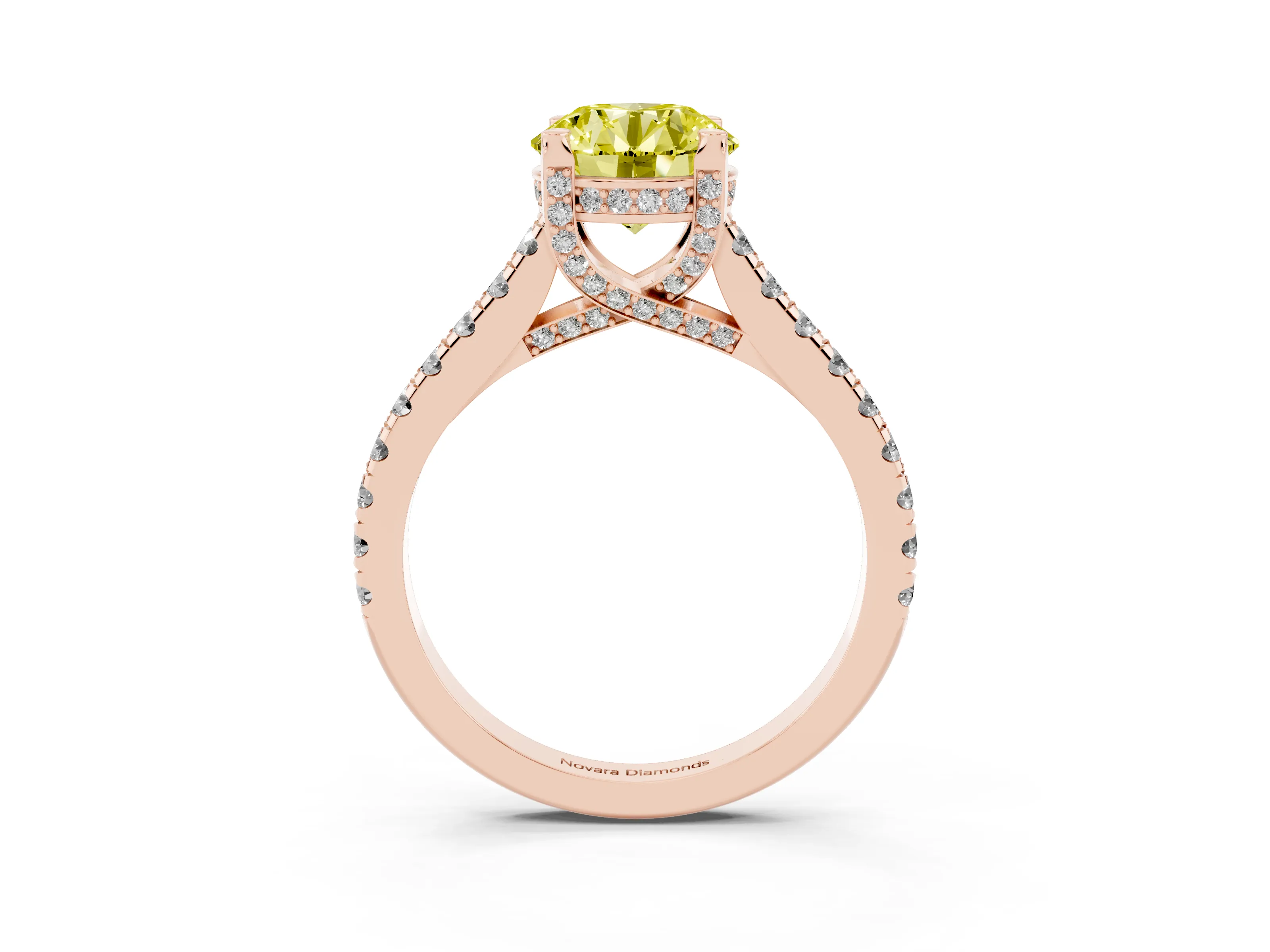 Fancy Yellow Round Cut Diamond Solitaire Ring Set in Rose gold with Brilliant Pavé Band and Prong Setting