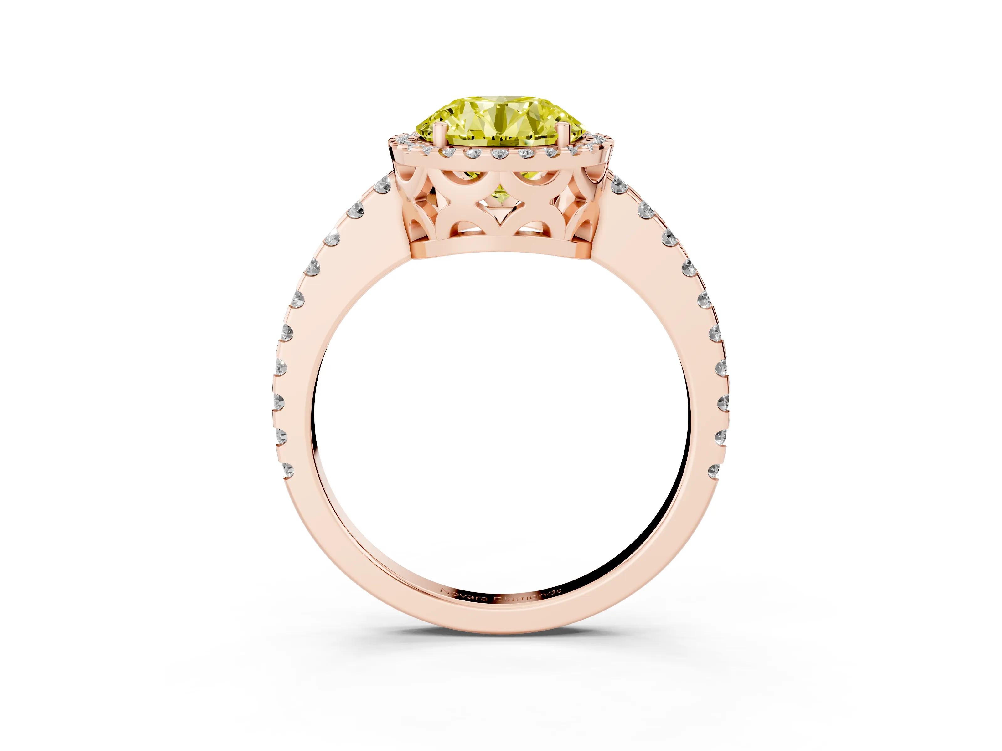 Fancy Yellow Round Cut Diamond Halo Ring Set in Rose gold with Pavé Shoulders and Halo-Framed Center