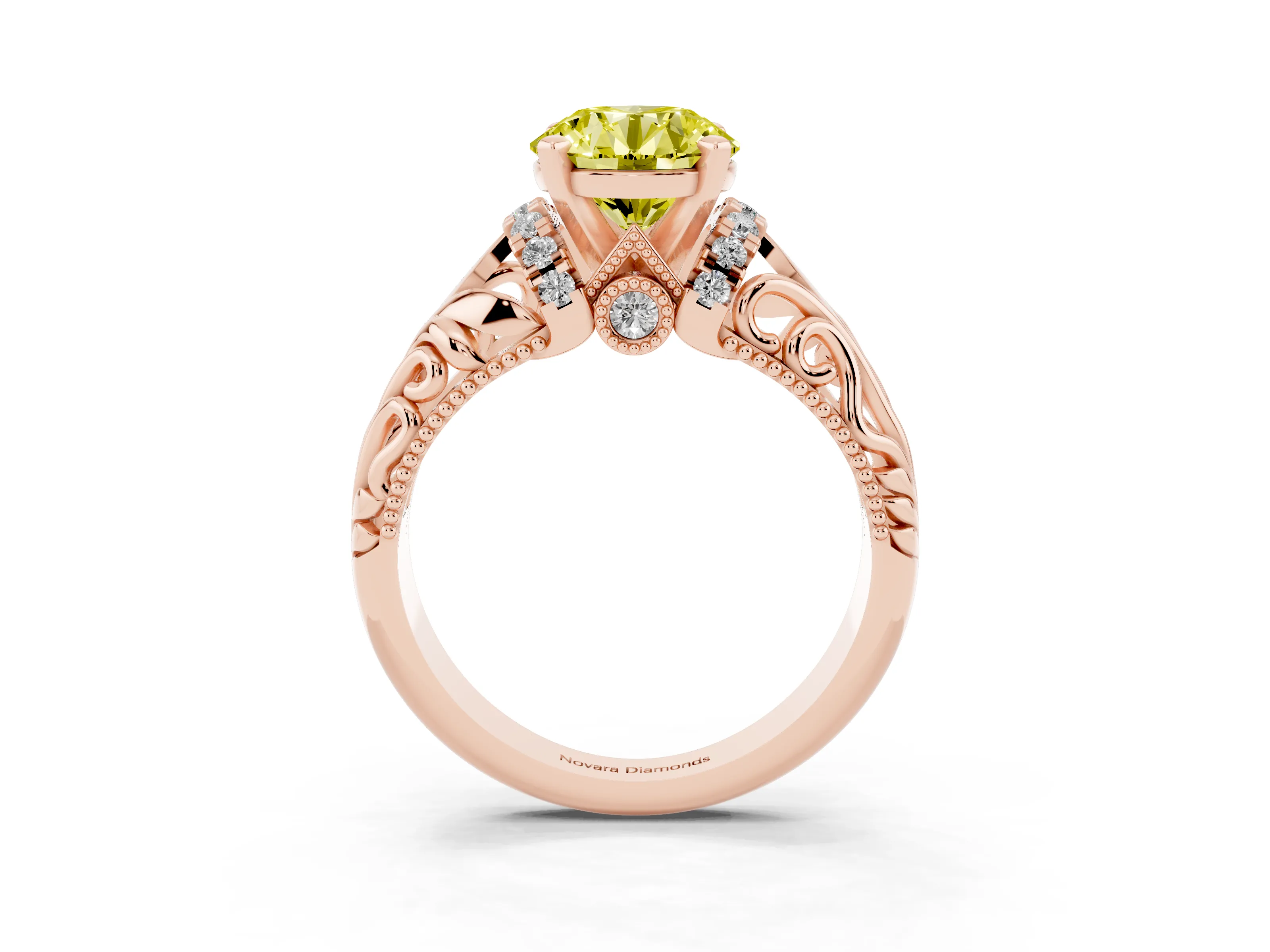 Fancy Yellow Round Cut Diamond Filigree Halo Engagement Ring Set in Rose gold with Prong Setting