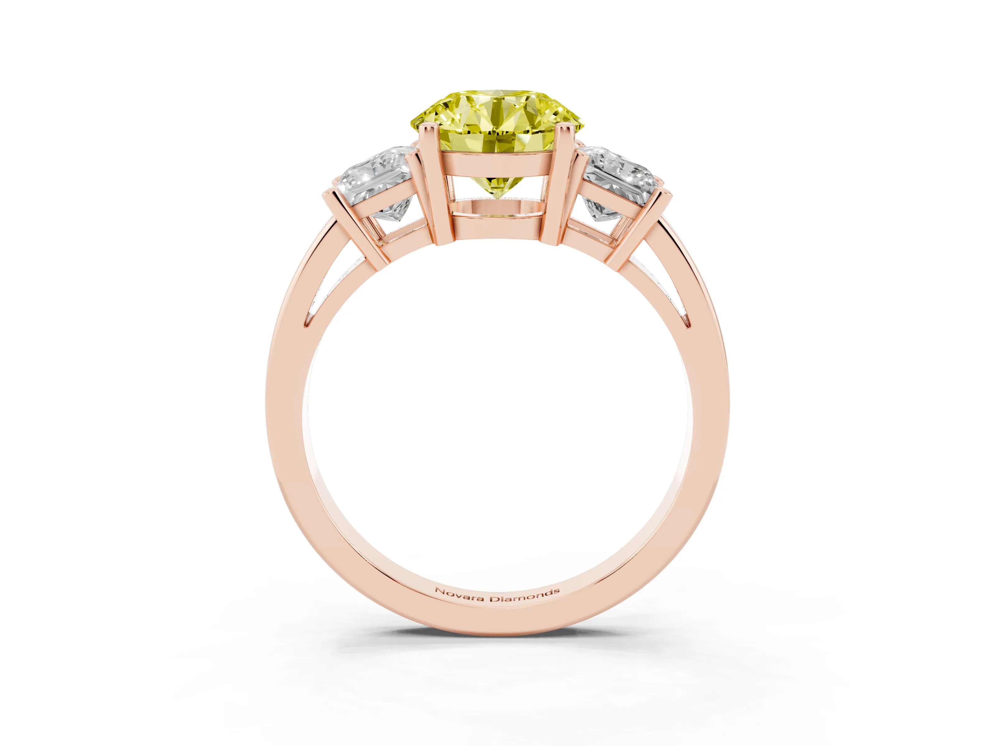 Fancy Yellow Three-Stone Round Cut Diamond Solitaire Ring Set in Rose gold with Prong Setting