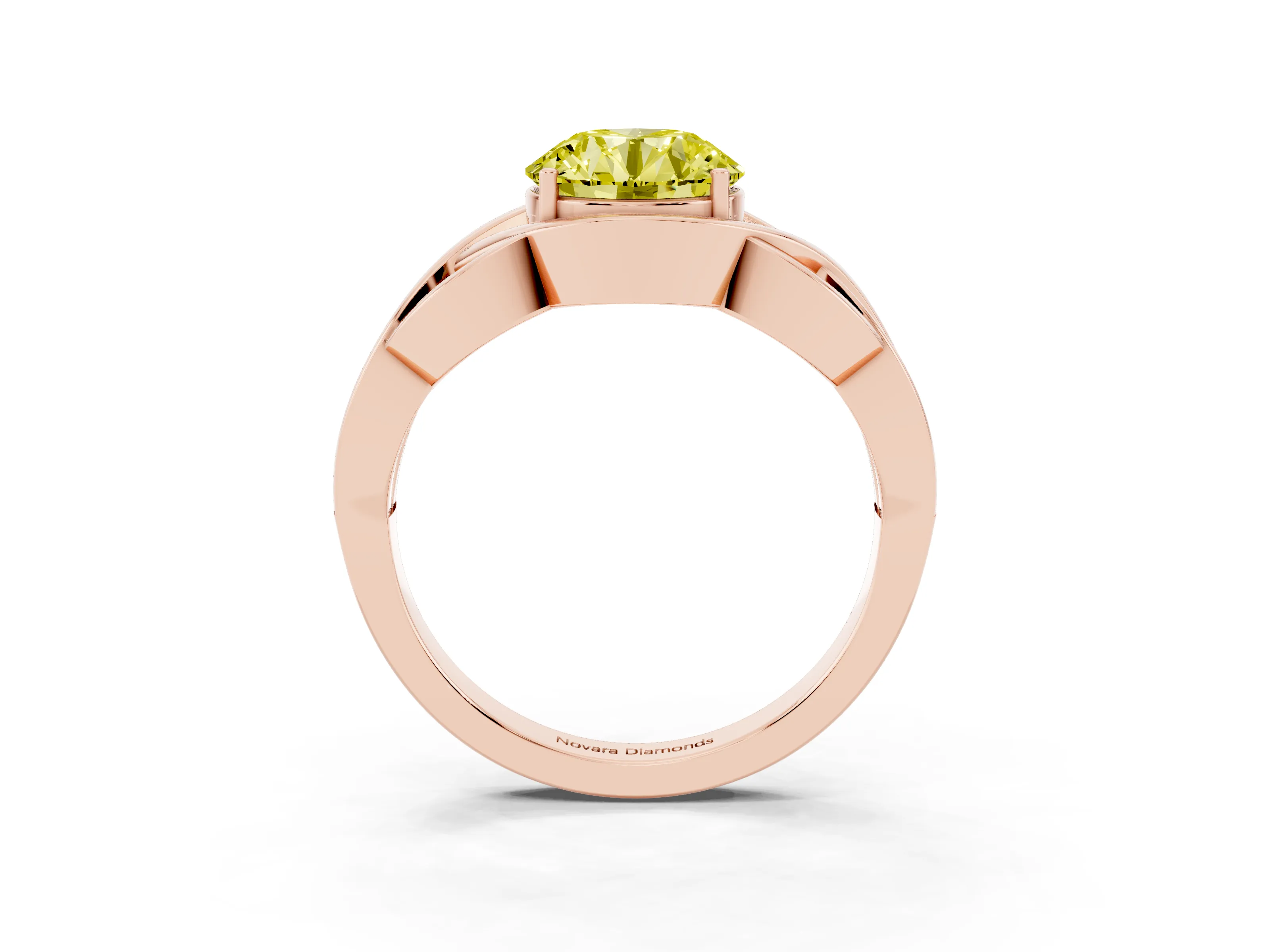 Fancy Yellow Round Cut Diamond Solitaire Ring Set in Rose gold with Intertwined Band
