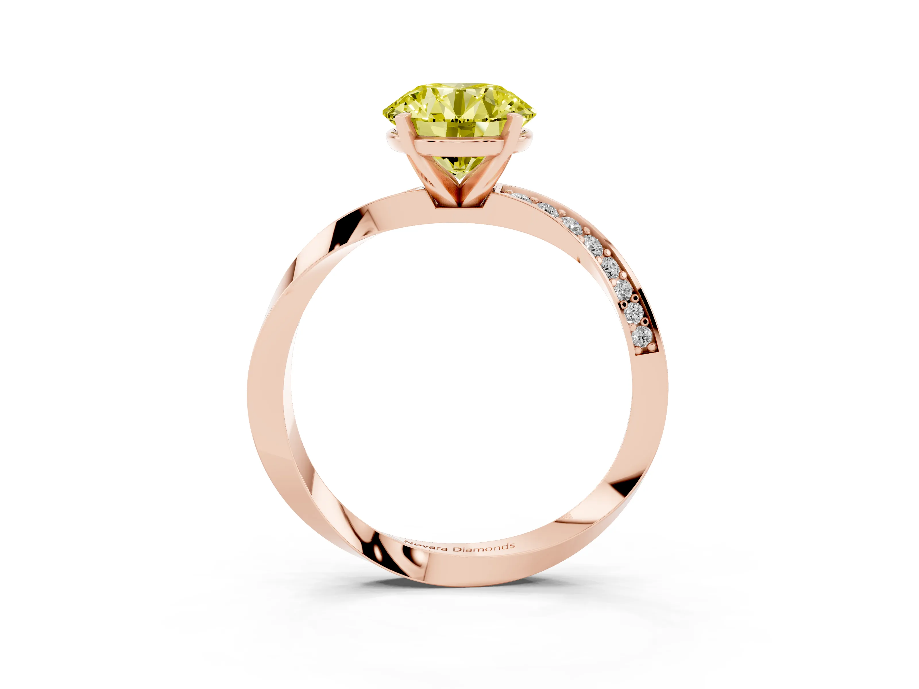 Fancy Yellow Round Cut Diamond Engagement Ring Set in Rose gold with Side Stone Accents and Prong Setting