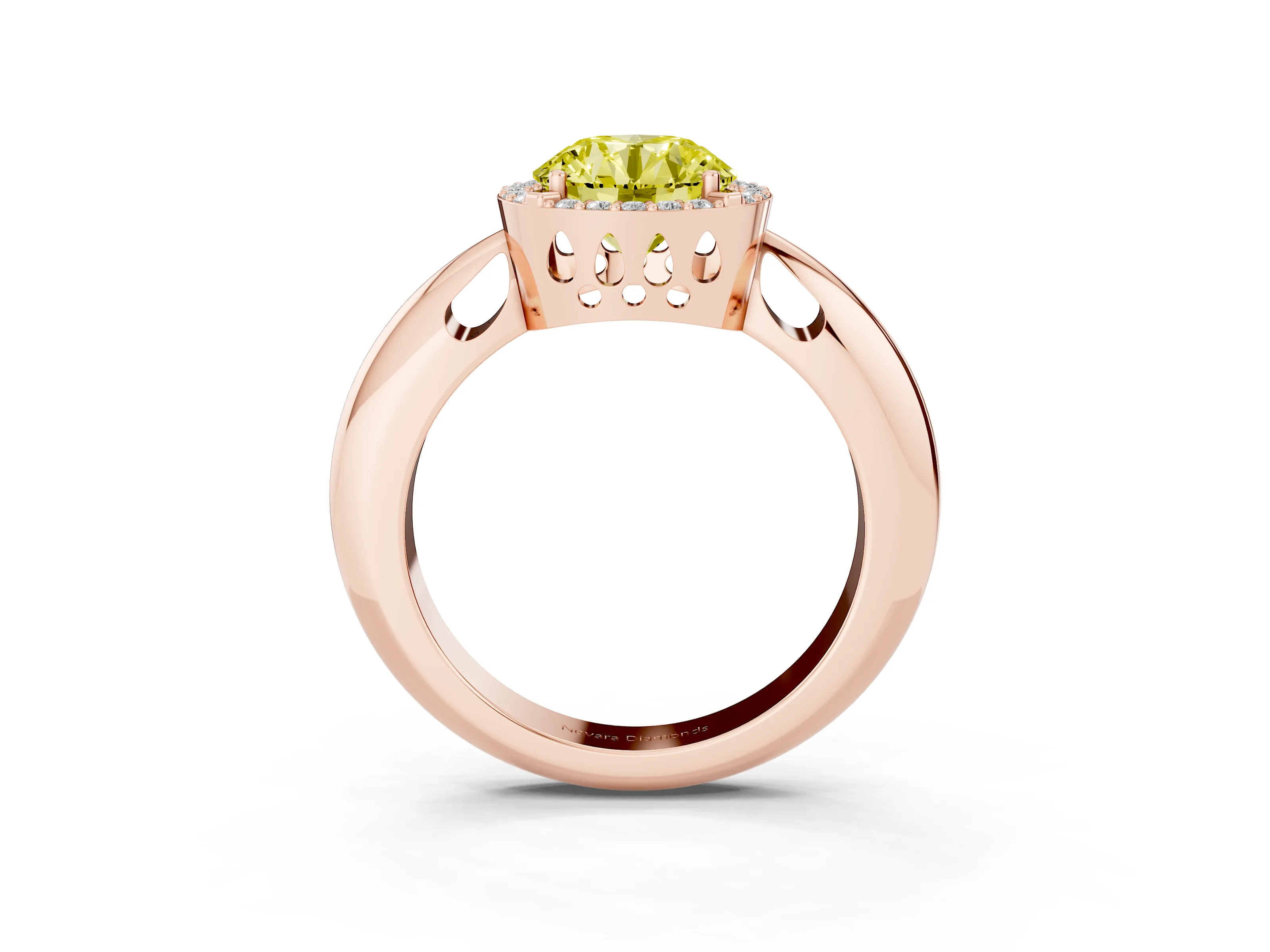Fancy Yellow Round Cut Diamond Halo Engagement Ring Set in Rose gold with Plain Split Shank and Prong Setting
