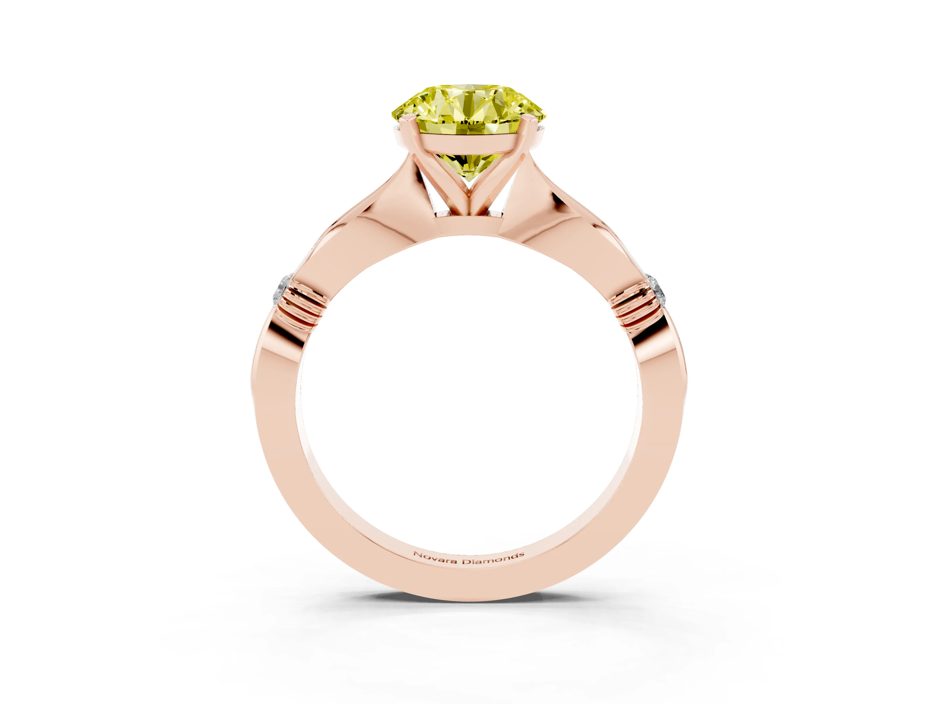 Fancy Yellow Round Cut Diamond Solitaire Twisted Band Ring Set in Rose gold with Accent Stones and Prong Setting