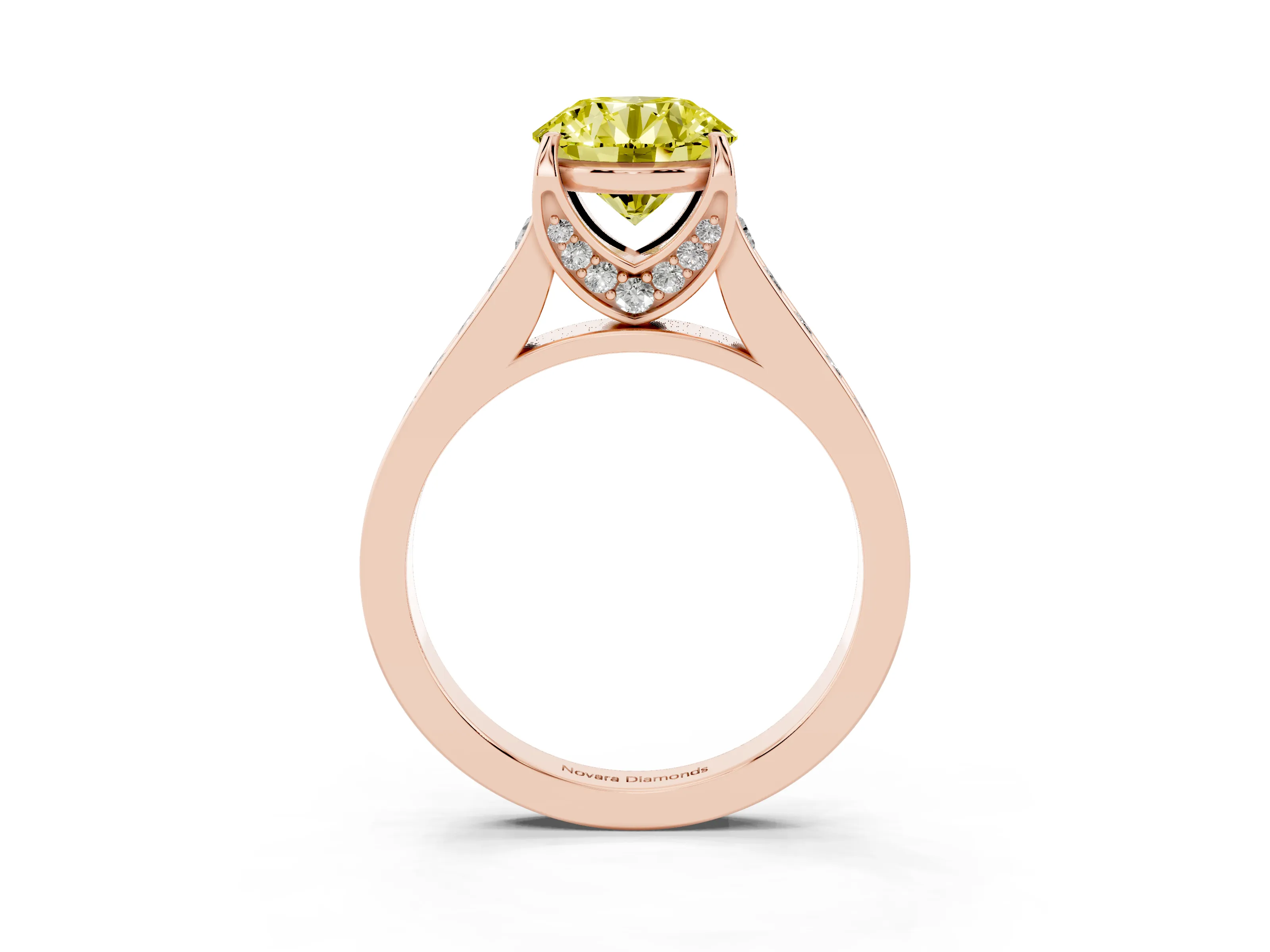 Fancy Yellow Round Cut Diamond Solitaire Pavé Engagement Ring Set in Rose gold with Prong Setting