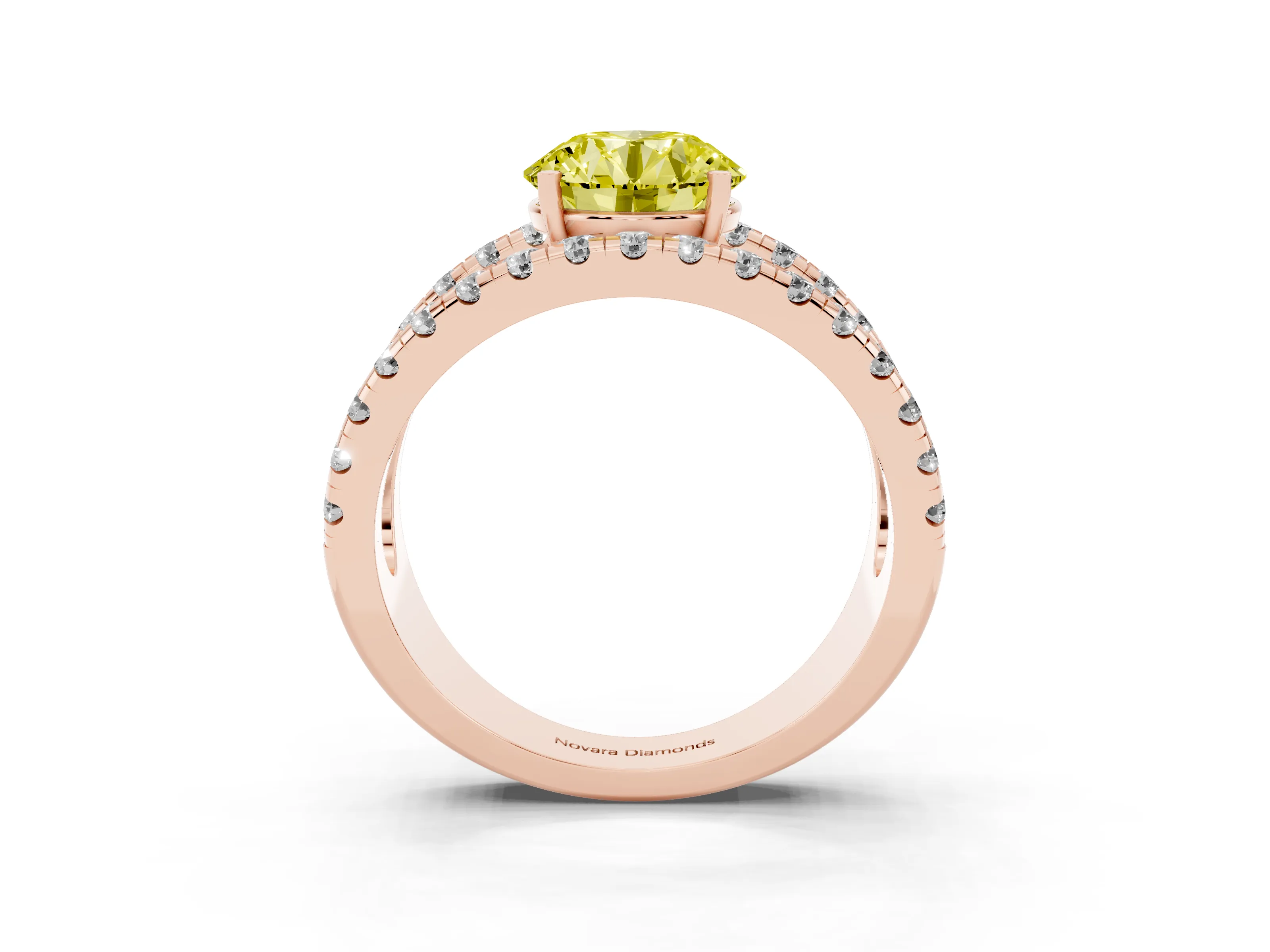 Fancy Yellow Round Cut Diamond Split Shank Pavé Solitaire Ring Set in Rose gold with Open Shank Design