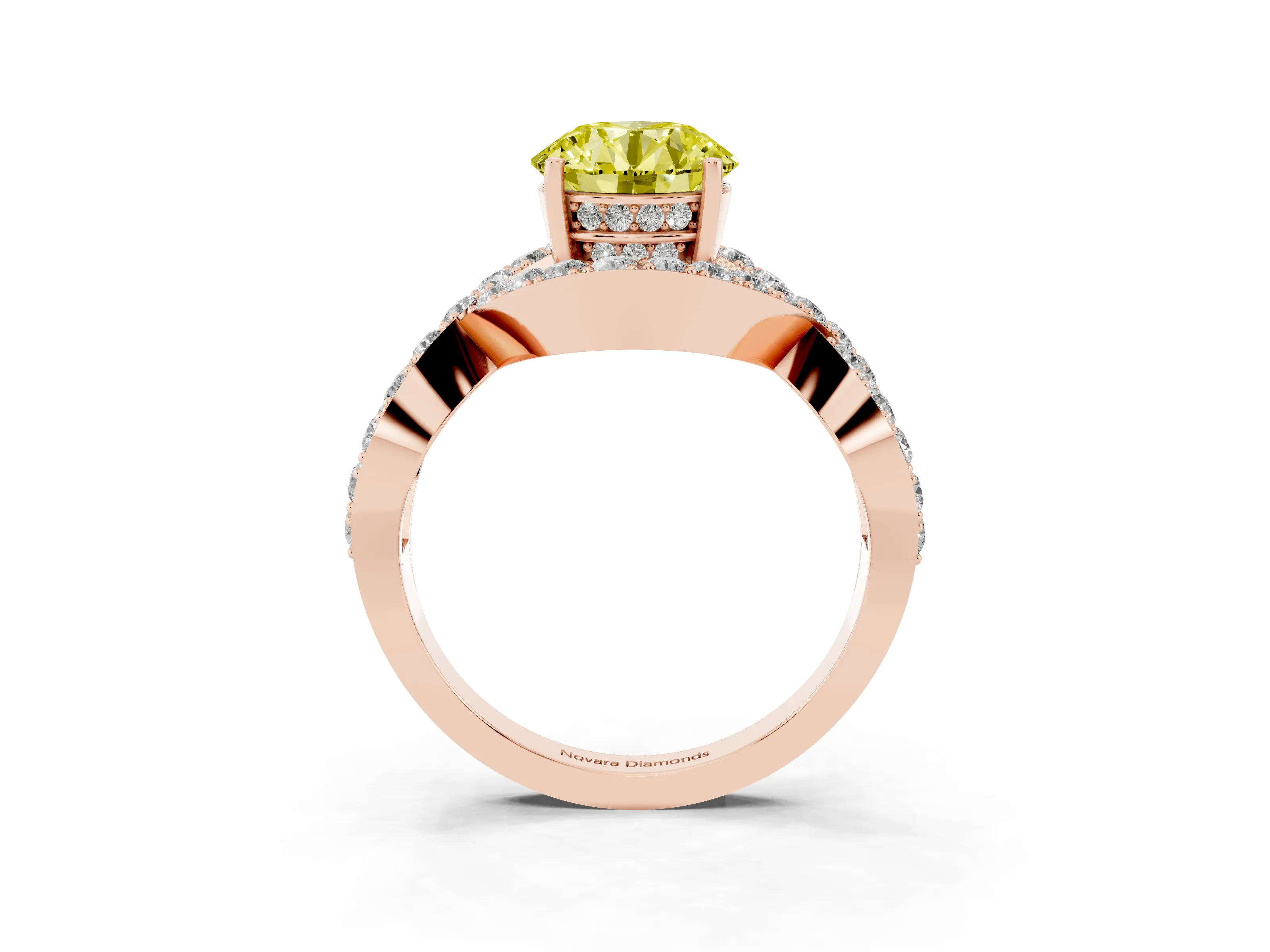 Fancy Yellow Round Cut Diamond Solitaire Twist Band Pavé Engagement Ring Set in Rose gold