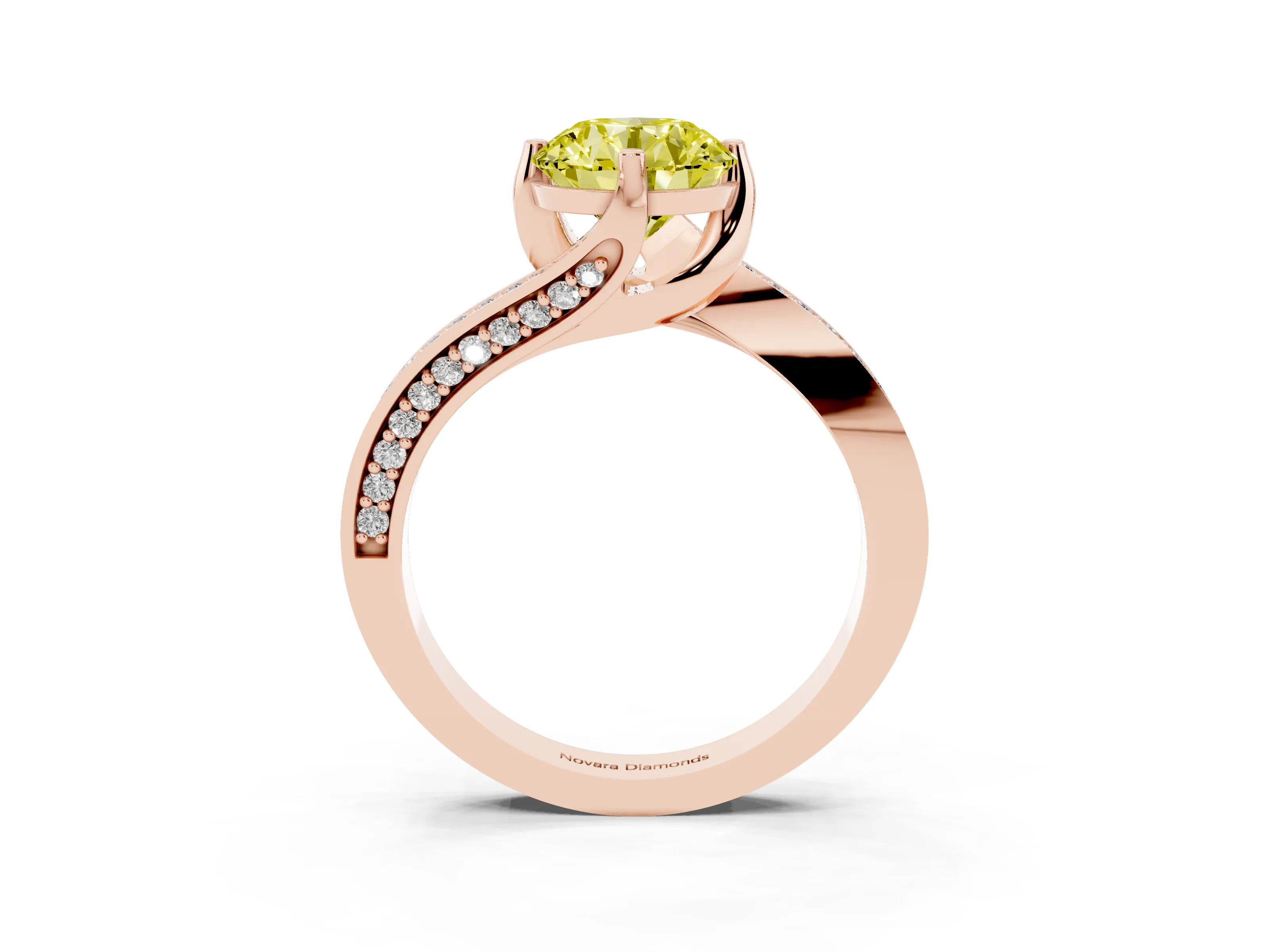 Fancy Yellow Round Cut Diamond Solitaire Ring Set in Rose gold with Intertwined Pavé Twist Band