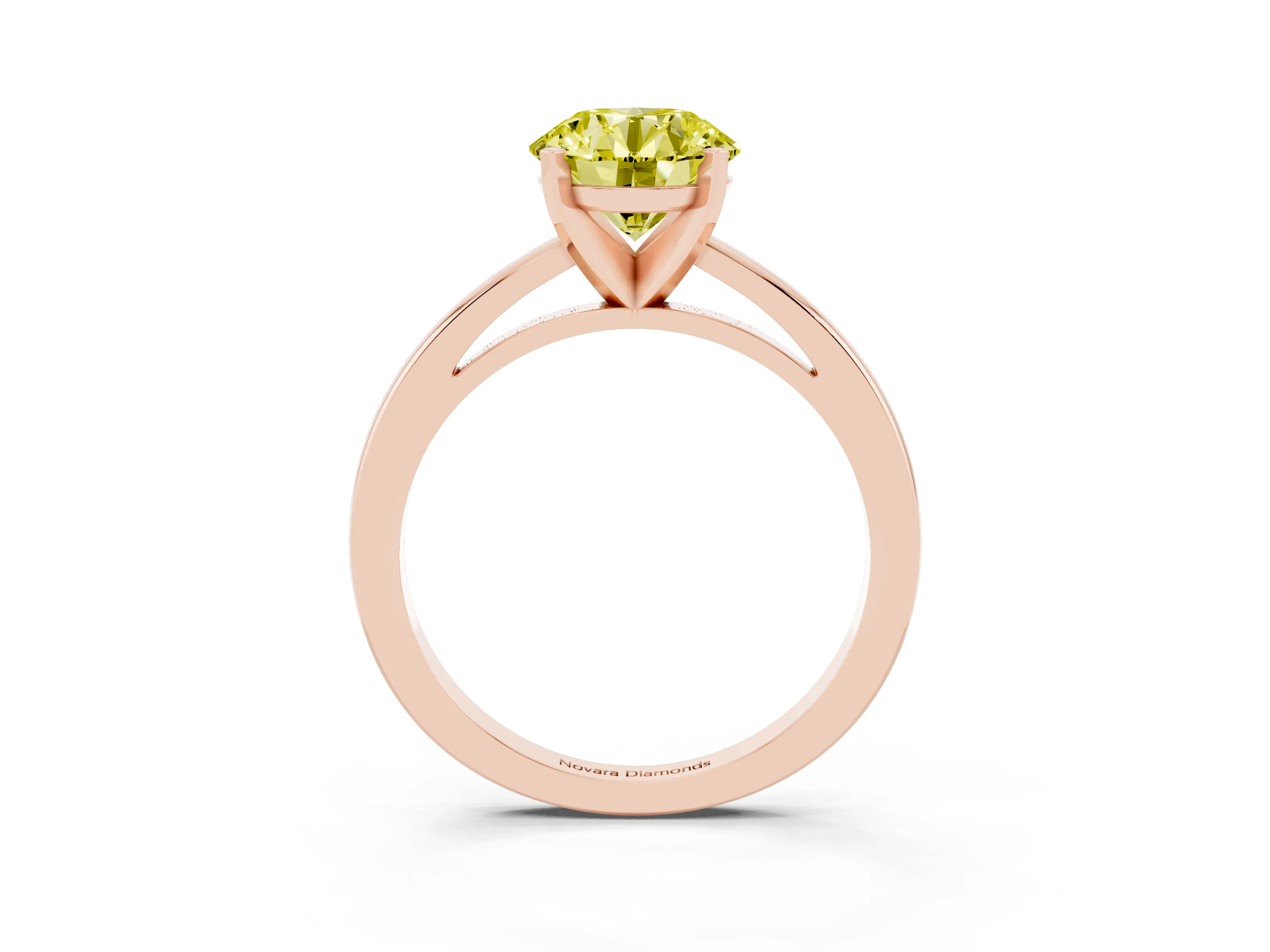 Fancy Yellow Round Cut Diamond Solitaire Engagement Ring Set in Rose gold with Prong Setting on a Classic Band