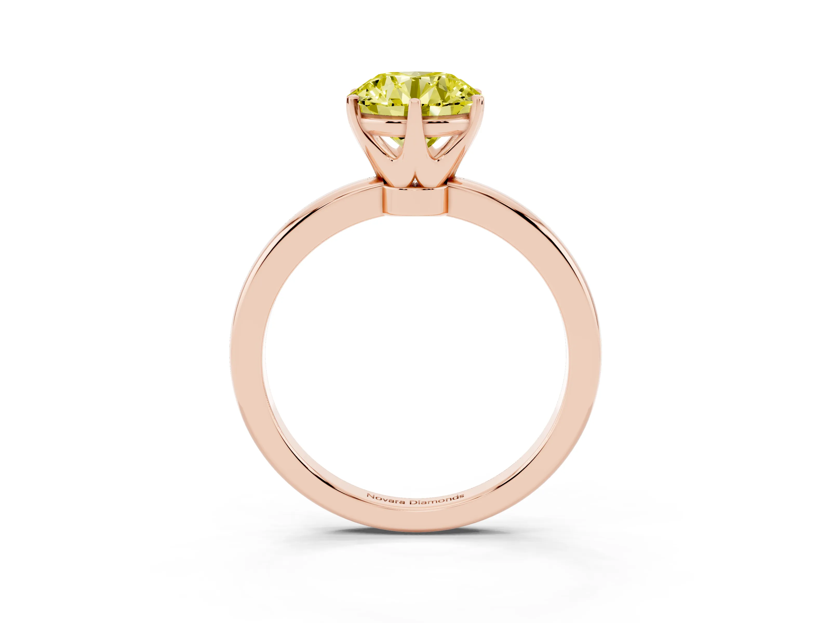 Fancy Yellow Round Cut Diamond Solitaire Ring Set in Rose gold with Raised Prong Setting on a Classic Band