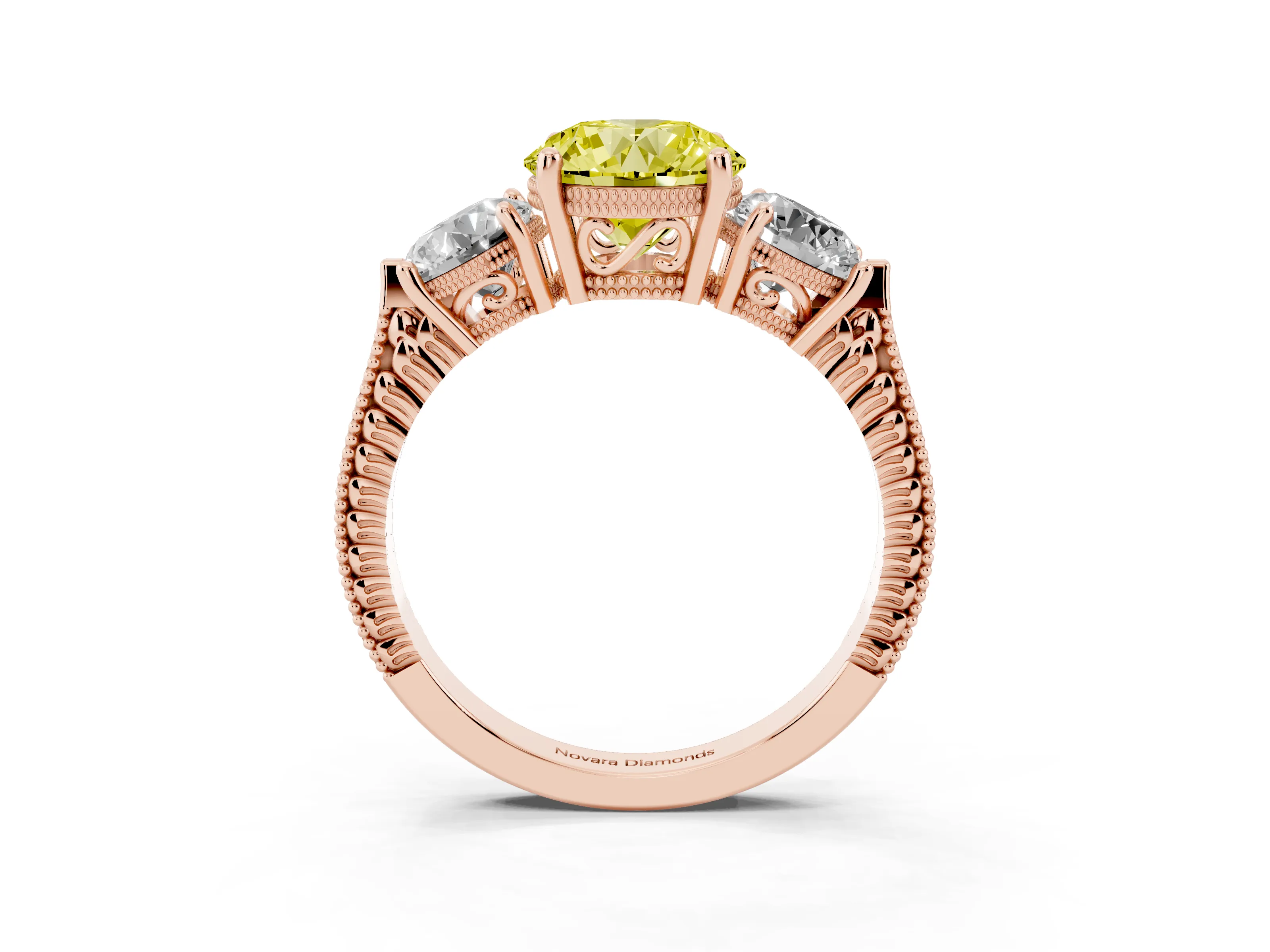Fancy Yellow Round Cut Diamond Three-Stone Ring Set in Rose gold with Milgrain Band