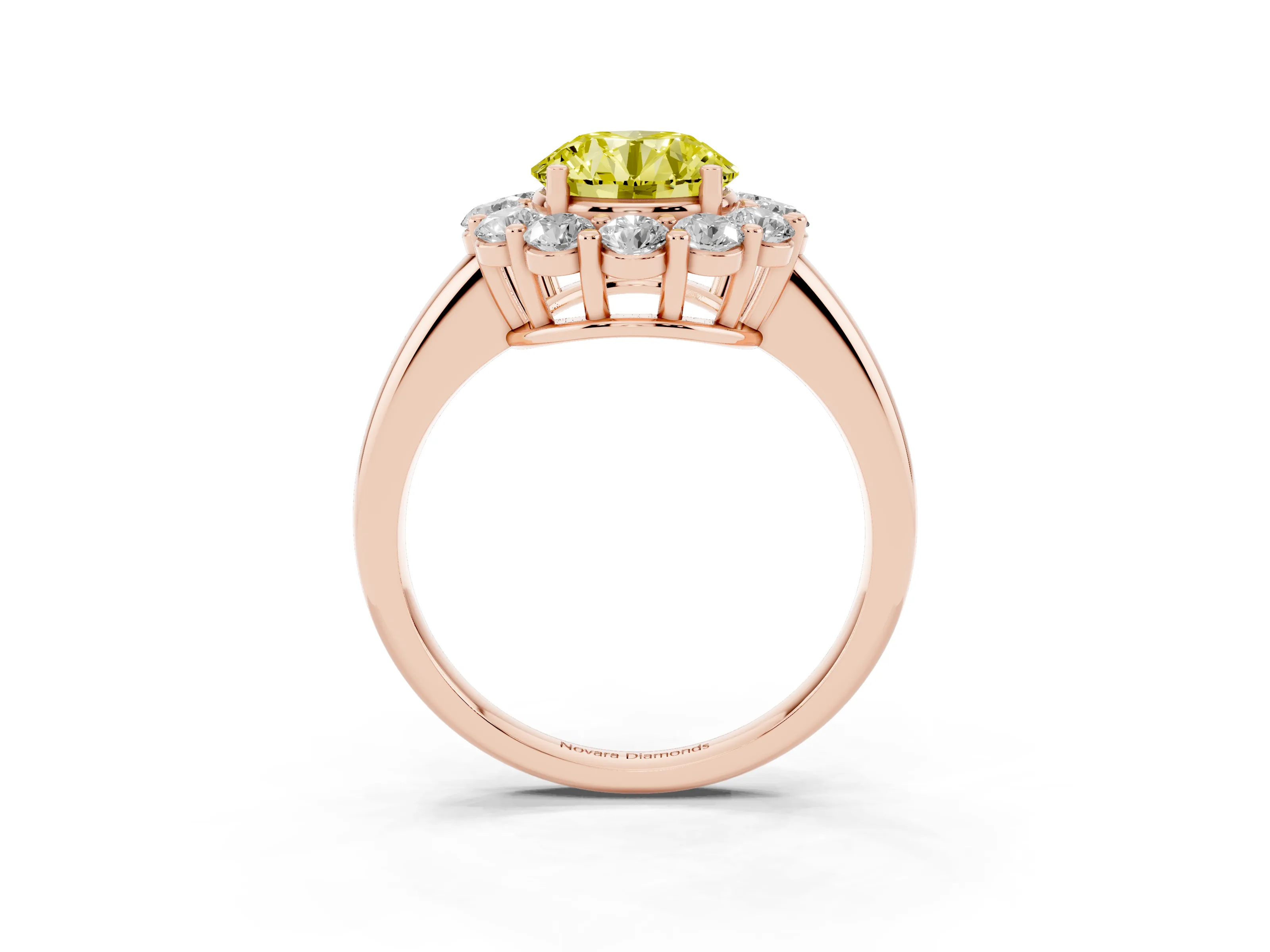 Fancy Yellow Round Cut Diamond Halo Cluster Engagement Ring Set in Rose gold with Polished Band and Prong Setting