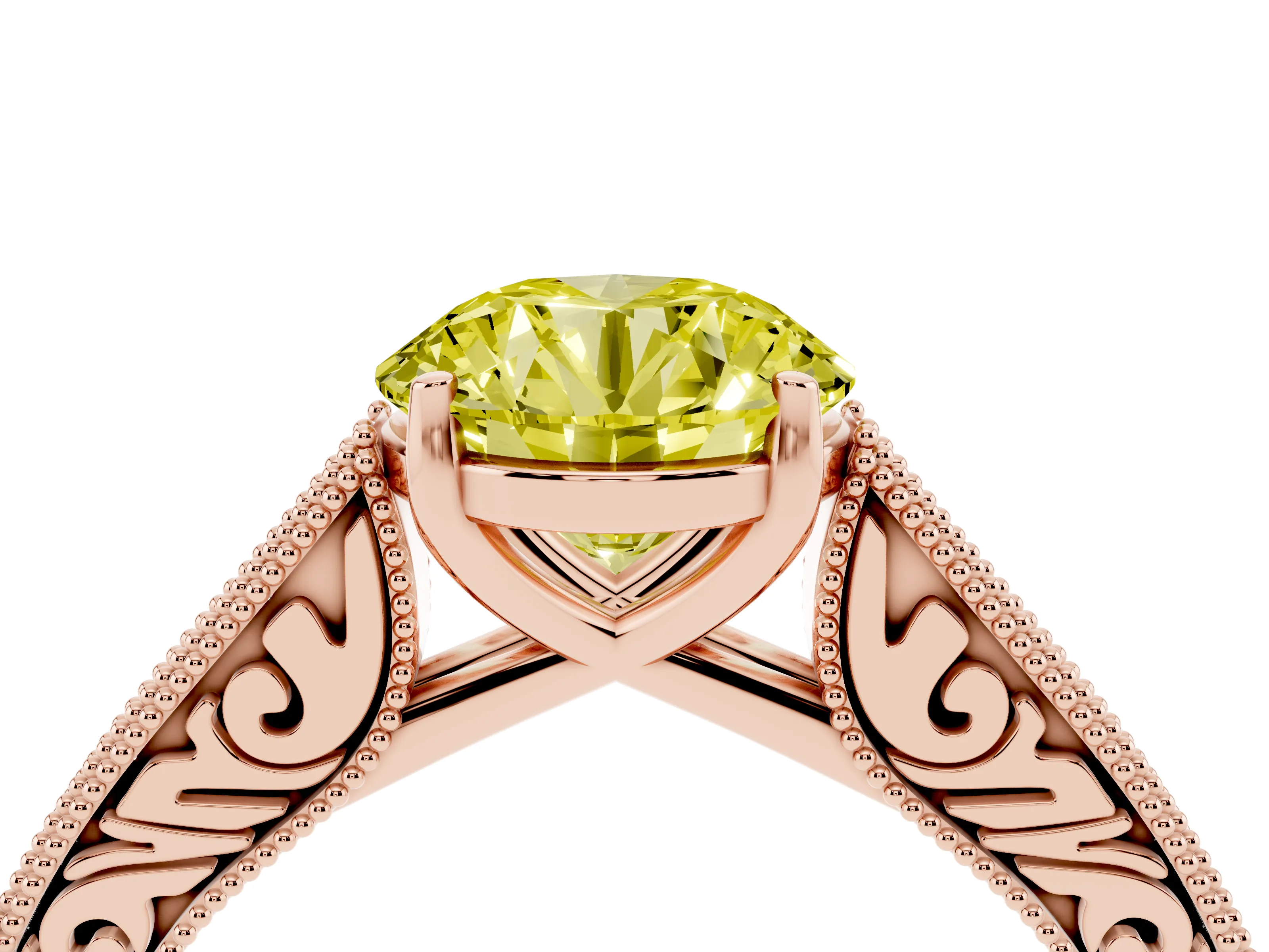 Fancy Yellow Round Cut Diamond Milgrain Pavé Band Solitaire Ring Set in Rose gold with Prong Setting