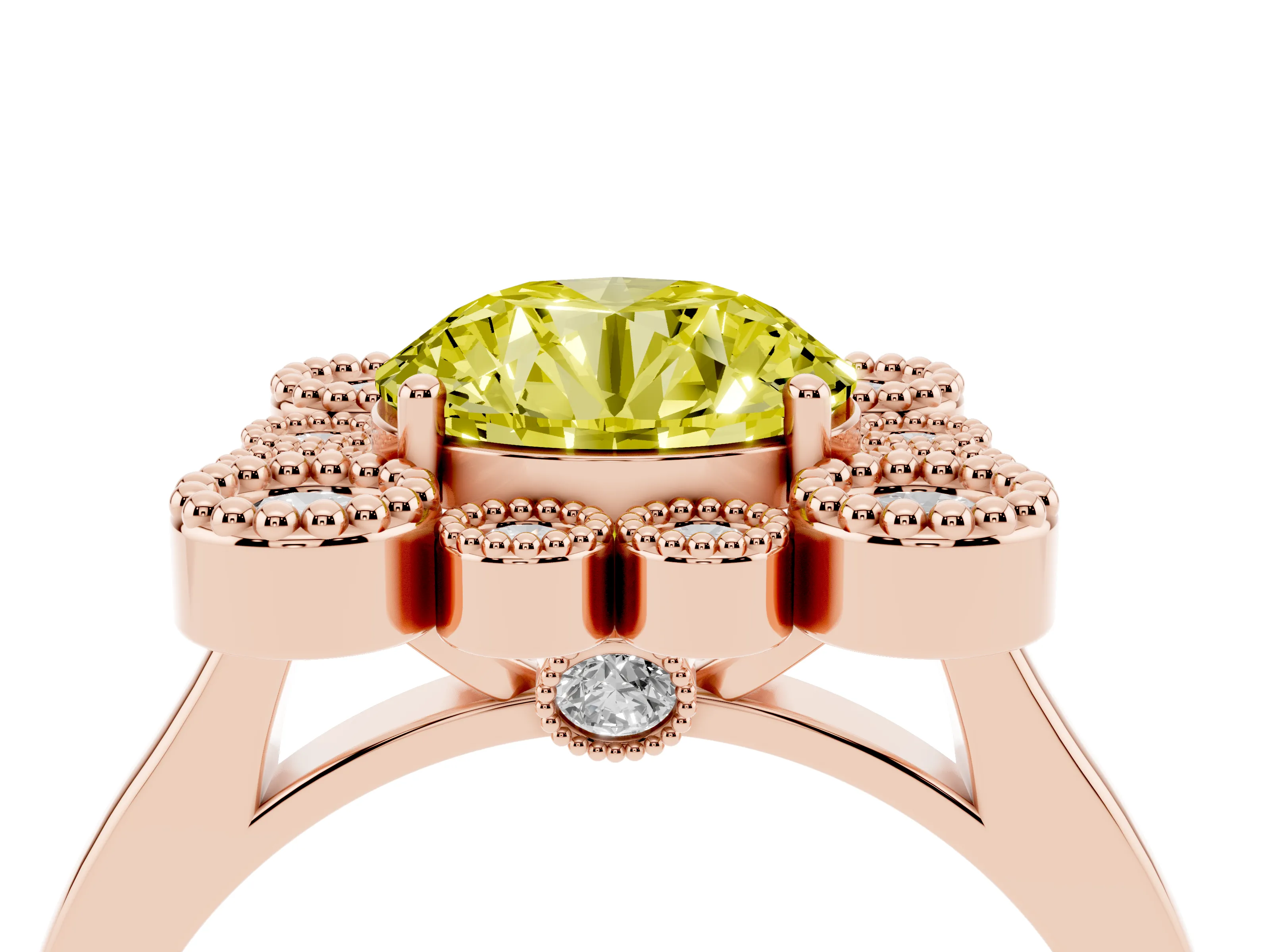 Fancy Yellow Round Cut Diamond Cluster Halo Ring Set in Rose gold with Milgrain Bezel Accents and Plain Band