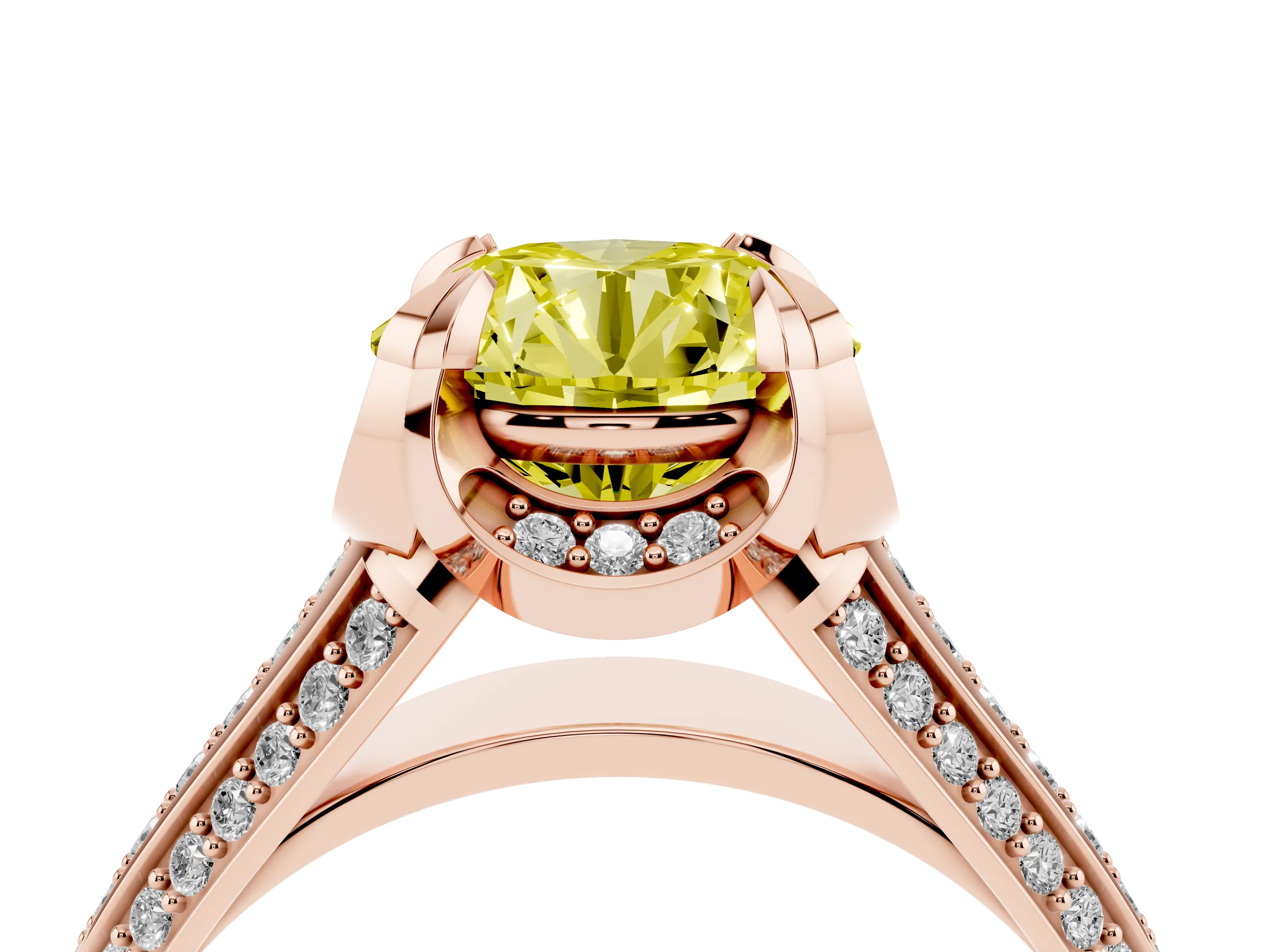 Fancy Yellow Round Cut Diamond Pavé Split Shank Solitaire Ring Set in Rose gold with Prong Setting