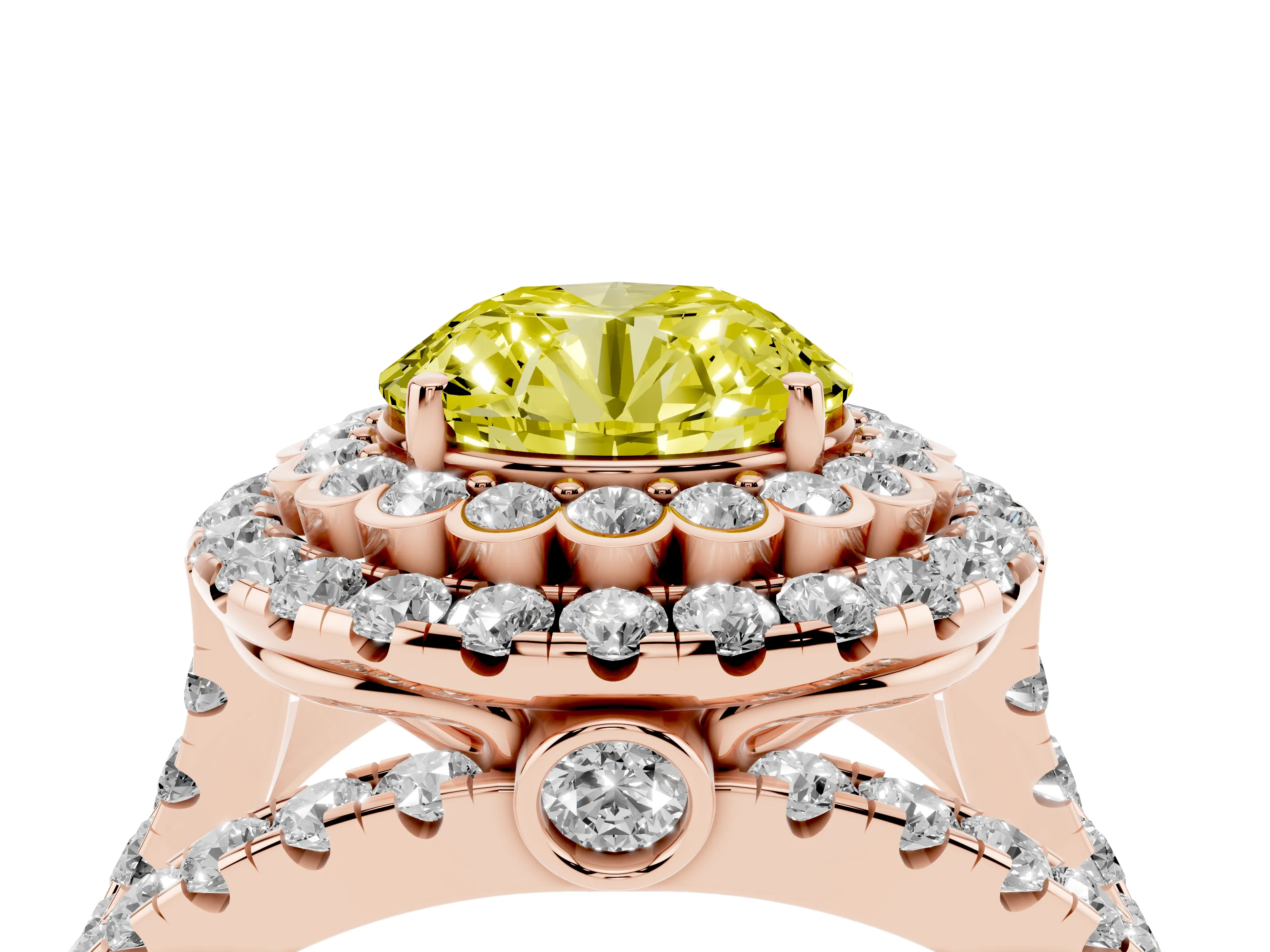 Fancy Yellow Round Cut Diamond Double Halo Ring Set in Rose gold with Round Pavé Split Shank