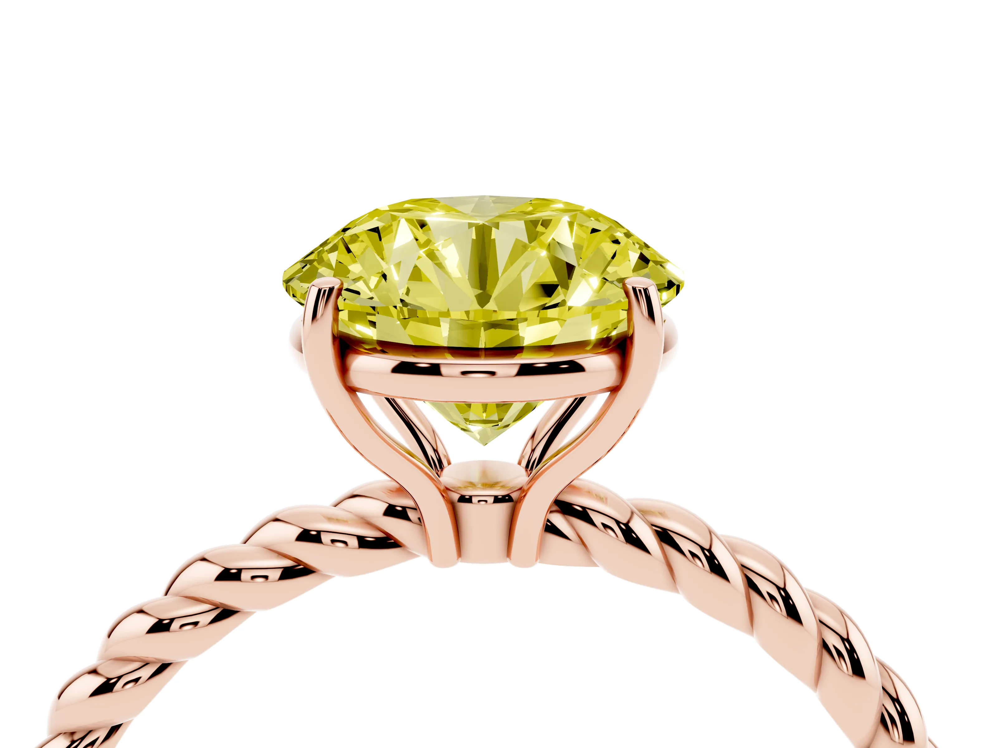 Fancy Yellow Round Cut Diamond Solitaire Ring Set in Rose gold with Twist Band and Prong Setting
