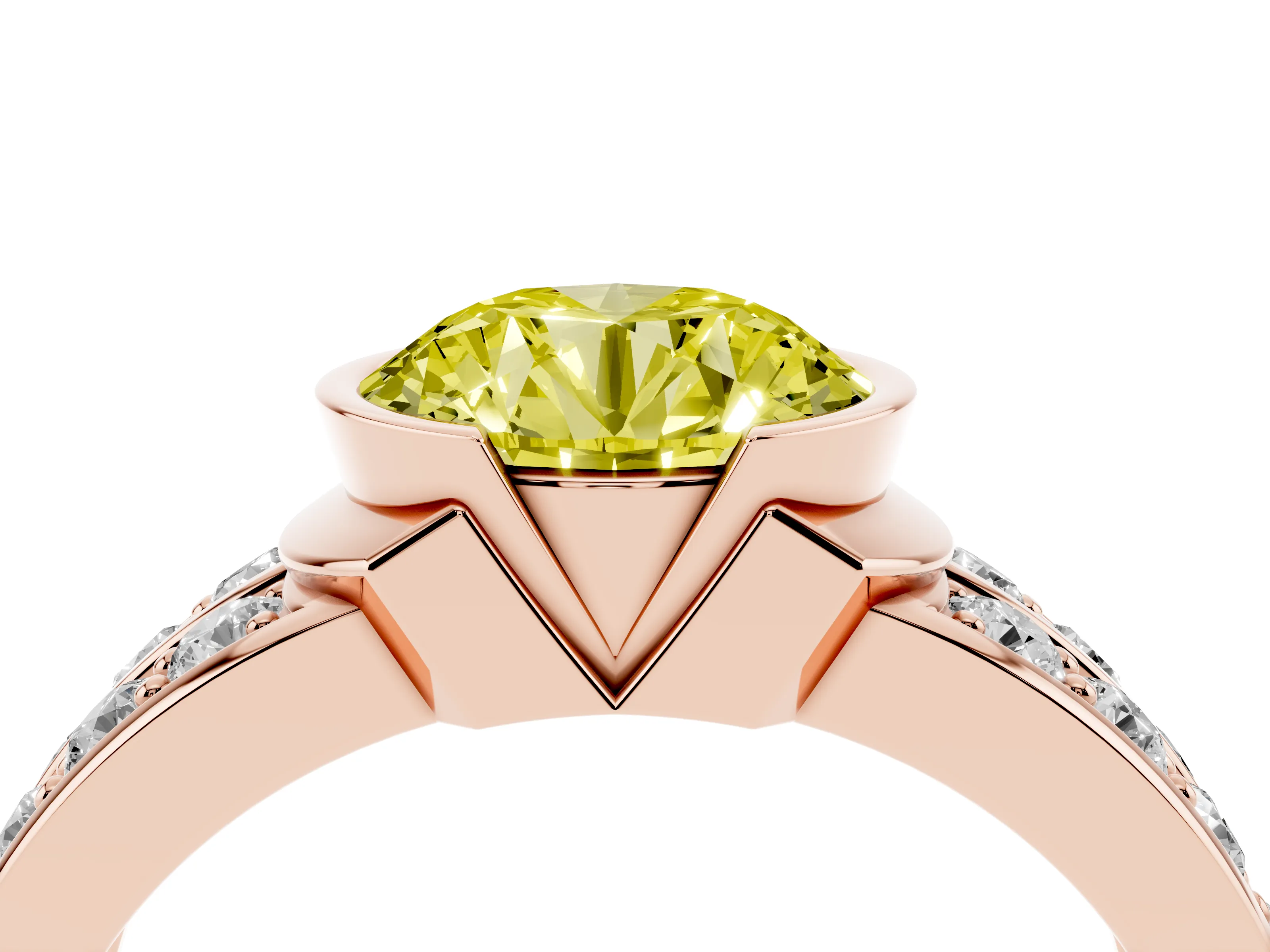 Fancy Yellow Round Cut Diamond Wide Channel Set Band Ring Set in Rose gold with Bezel Setting