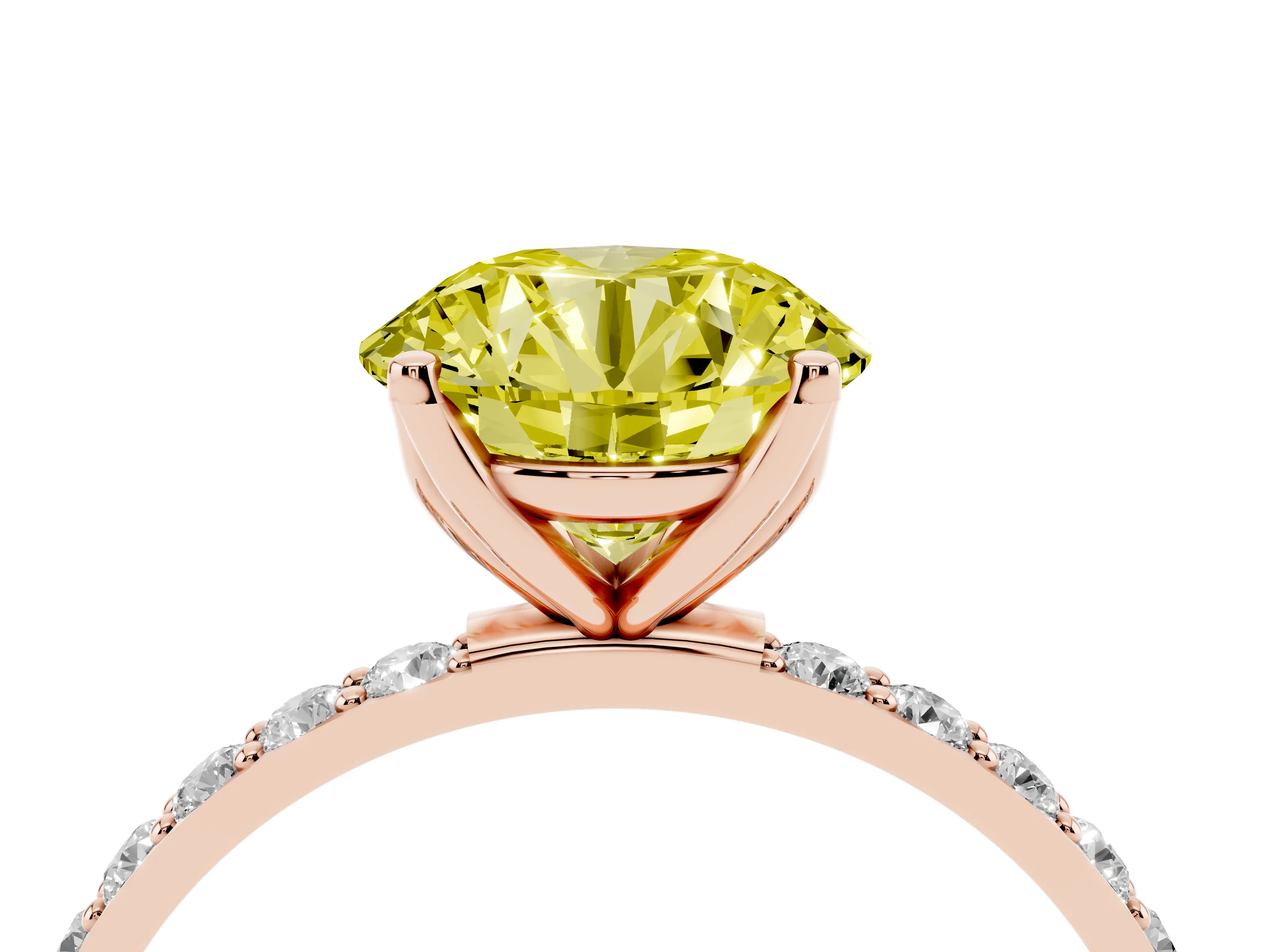 Fancy Yellow Round Cut Diamond Solitaire Engagement Ring Set in Rose gold with Round Pavé Band and Prong Setting